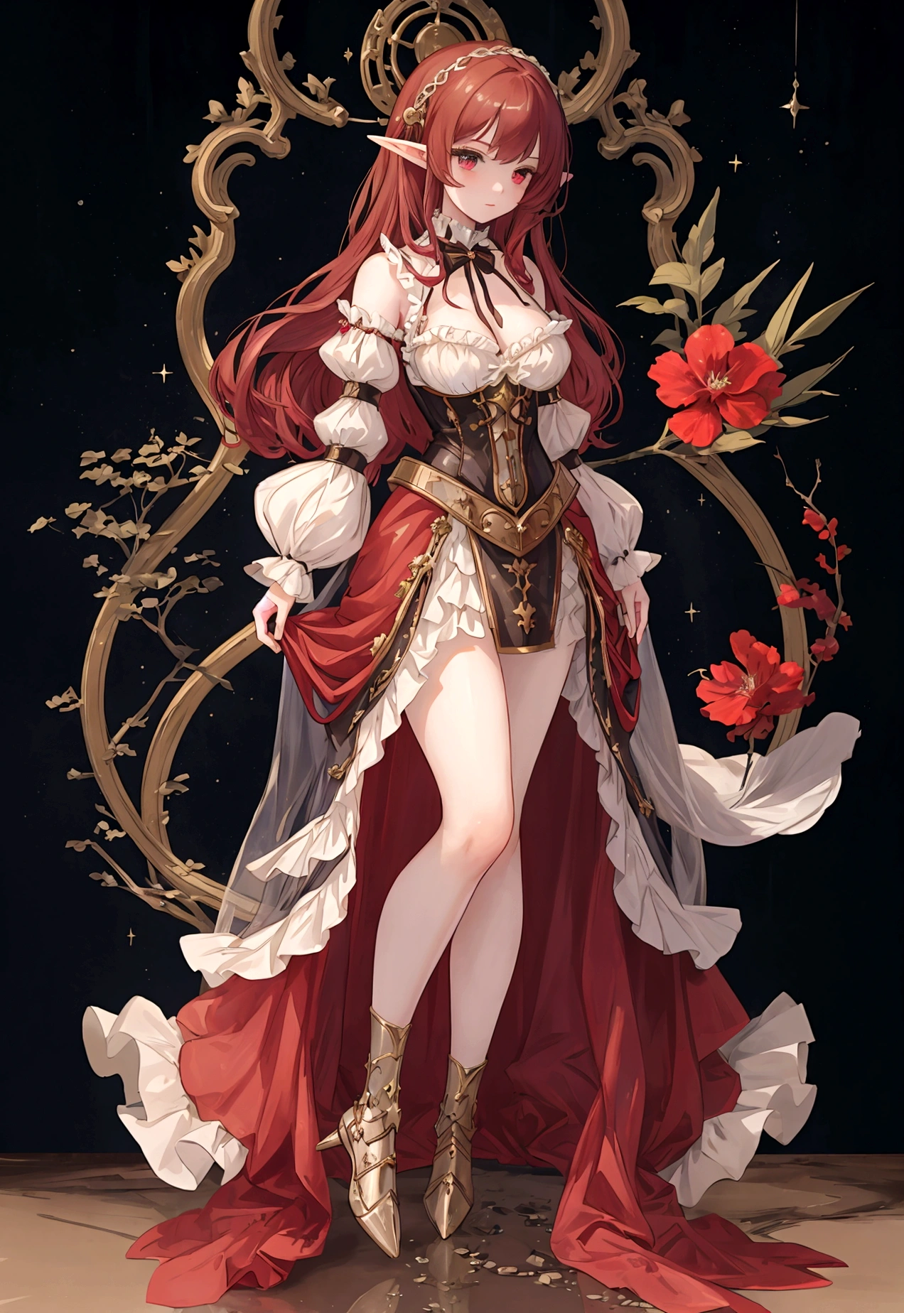 1girl, ((masterpiece,best quality)), Cute, solo, Star Dress, ((a unique renaissance era outfit with Victorian styling, no sleeves, armor)), ((Full body)), (tight waist, medium breasts, thighs)), Sexy, excited, Hentai art, big breasts, epic art, fantasy, 8k, hd wallpaper, high quality, intricate, elegant, highly detailed, clear focus, illustration, poster, postcard, ((right anatomy)), Dark red hair, Celestial being, elf, royalty, ruler, queen, galaxy, character, standing, both feet on ground, arms extended by side, Palms face forward, warrior, UwU, transparent background, high contrast, gothic, model stance 