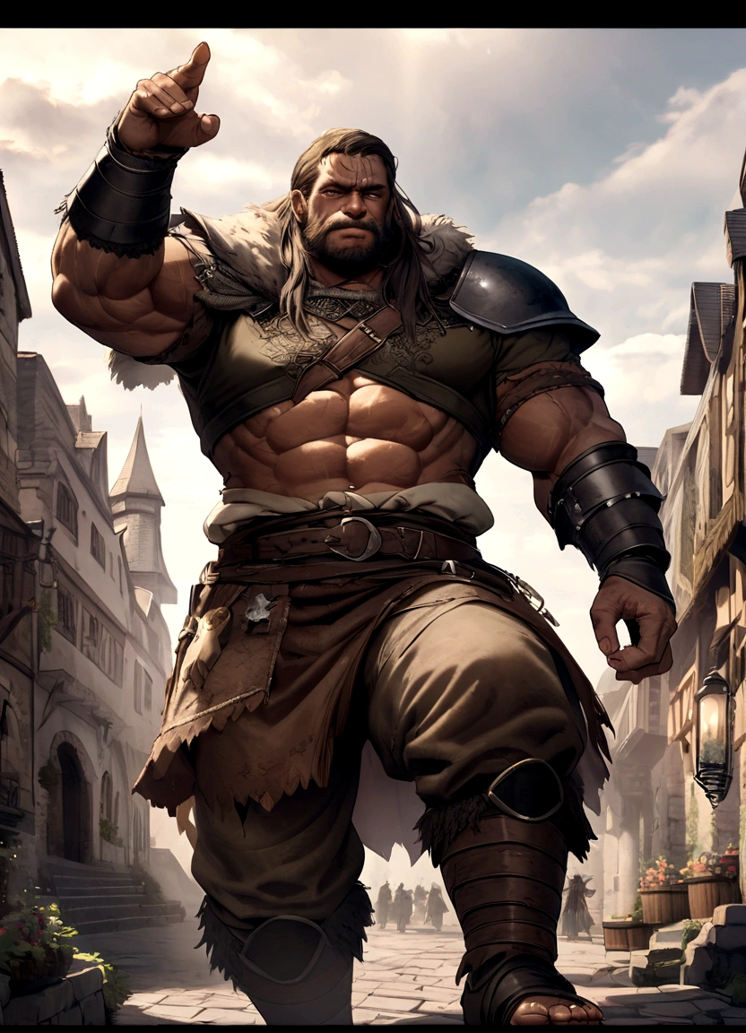 Medieval Fantasy male Muscular Giant middle aged mercenary In town