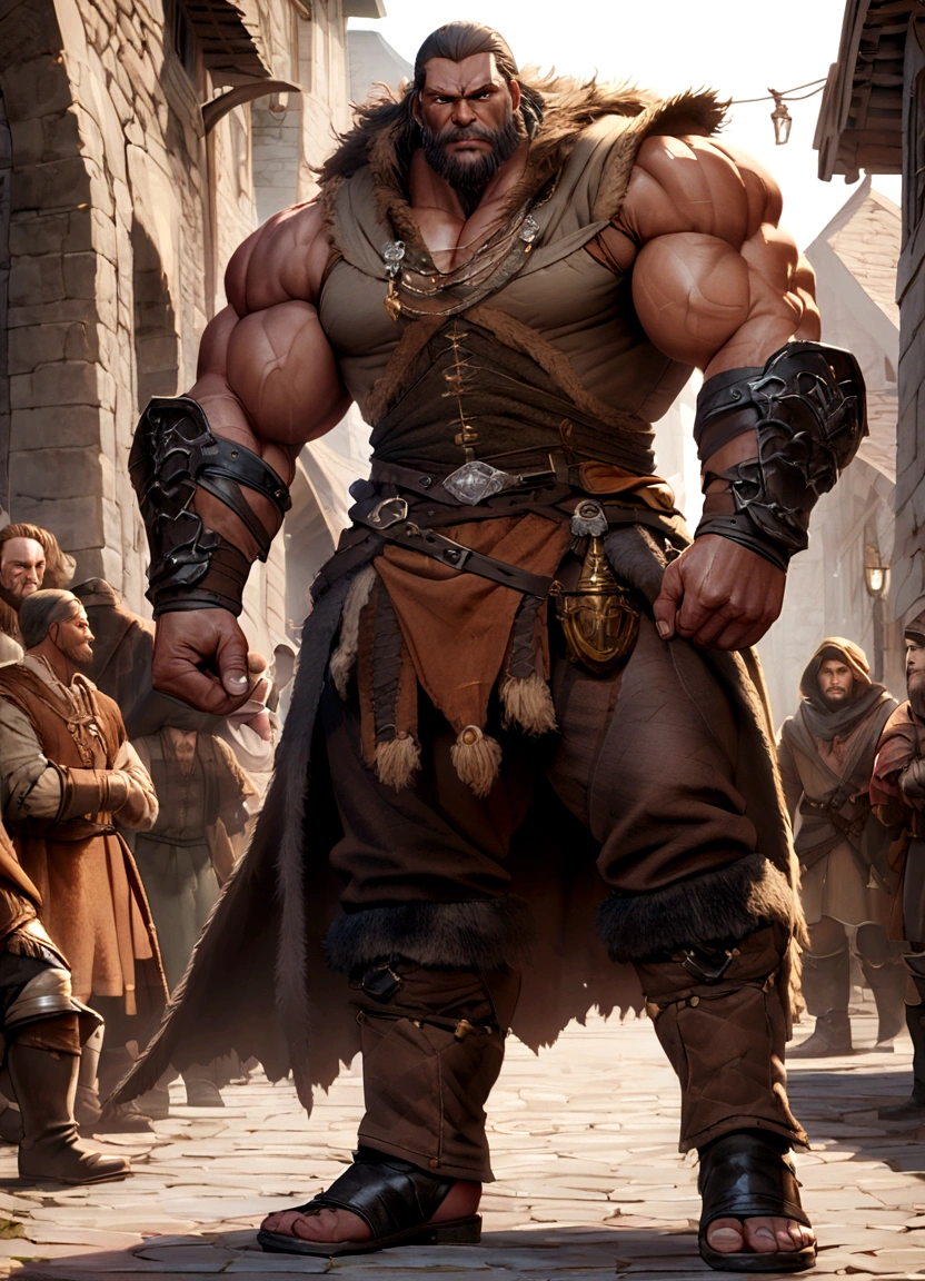 Medieval Fantasy male Muscular Giant middle aged mercenary In town