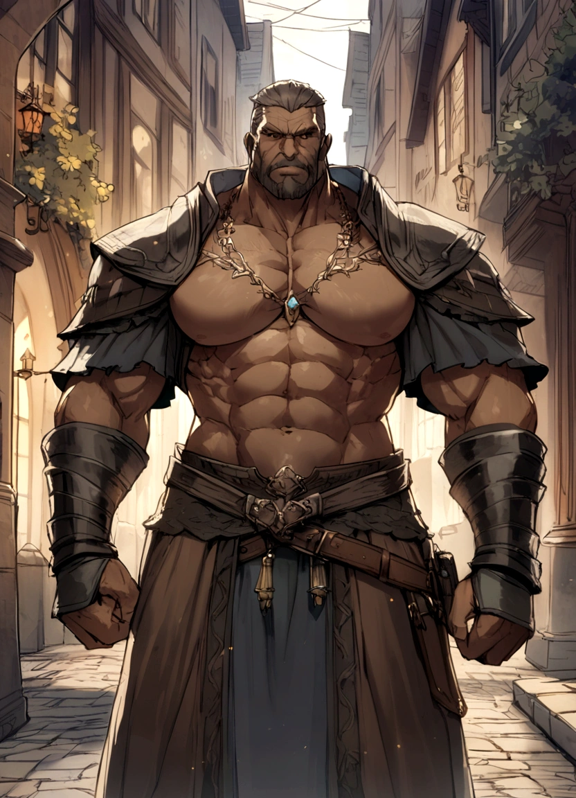 Medieval Fantasy male Muscular Giant middle aged mercenary In town