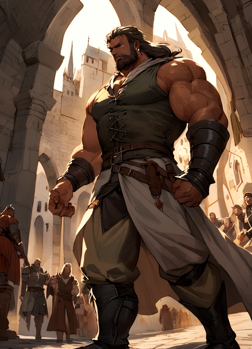 Medieval Fantasy　male　Muscular　Giant　middle aged　mercenary　In town