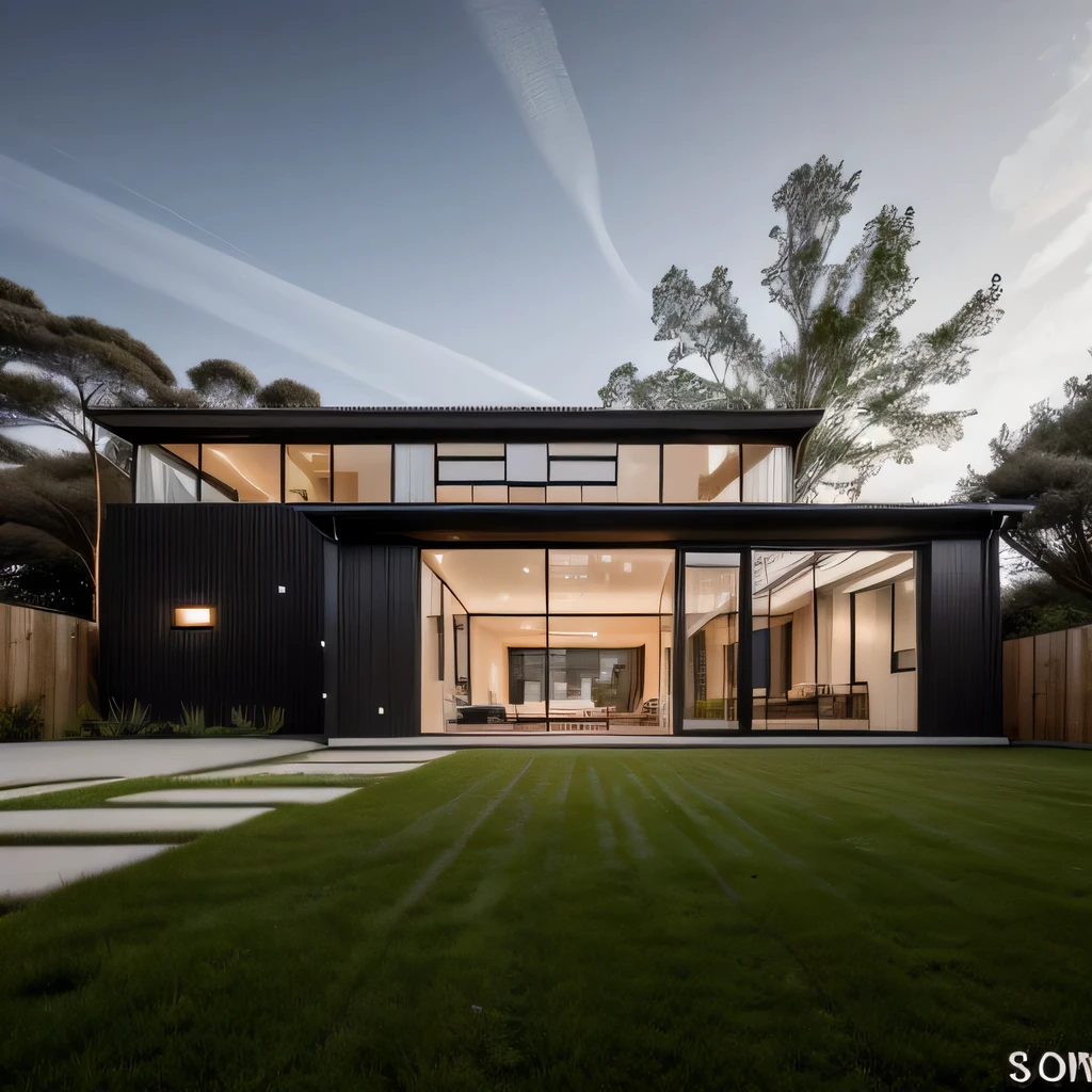 House in modern style, greenhouse and concrete with sloping roof, modern, dynamic (RAW photos, realistic, best quality, masterpiece:1.2), (super realistic, realistic photos:1.2) , high quality, (dark light:1.2) , perfect light, Archdaily