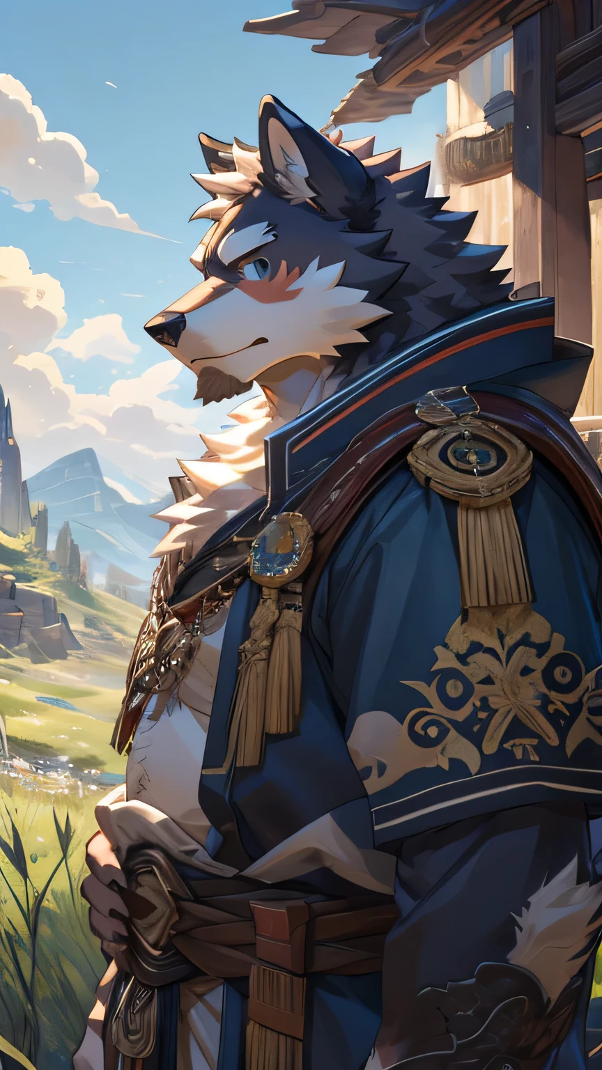 solitary, masterpiece, best quality, Very detailed, fine details, 8k resolution, hairy,Wolf,male,White fur,full white,charming,Sell cute,fat,肥fat,Round Face,round belly,Bear ears,Adventurer dress-up,Thick eyebrows,20 years old,Holding a long sword,grassland,masterpiece scenario,Highest quality scenes,Detailed facial depiction,Blue pupils,Genshin Impact,Anime screenshots,