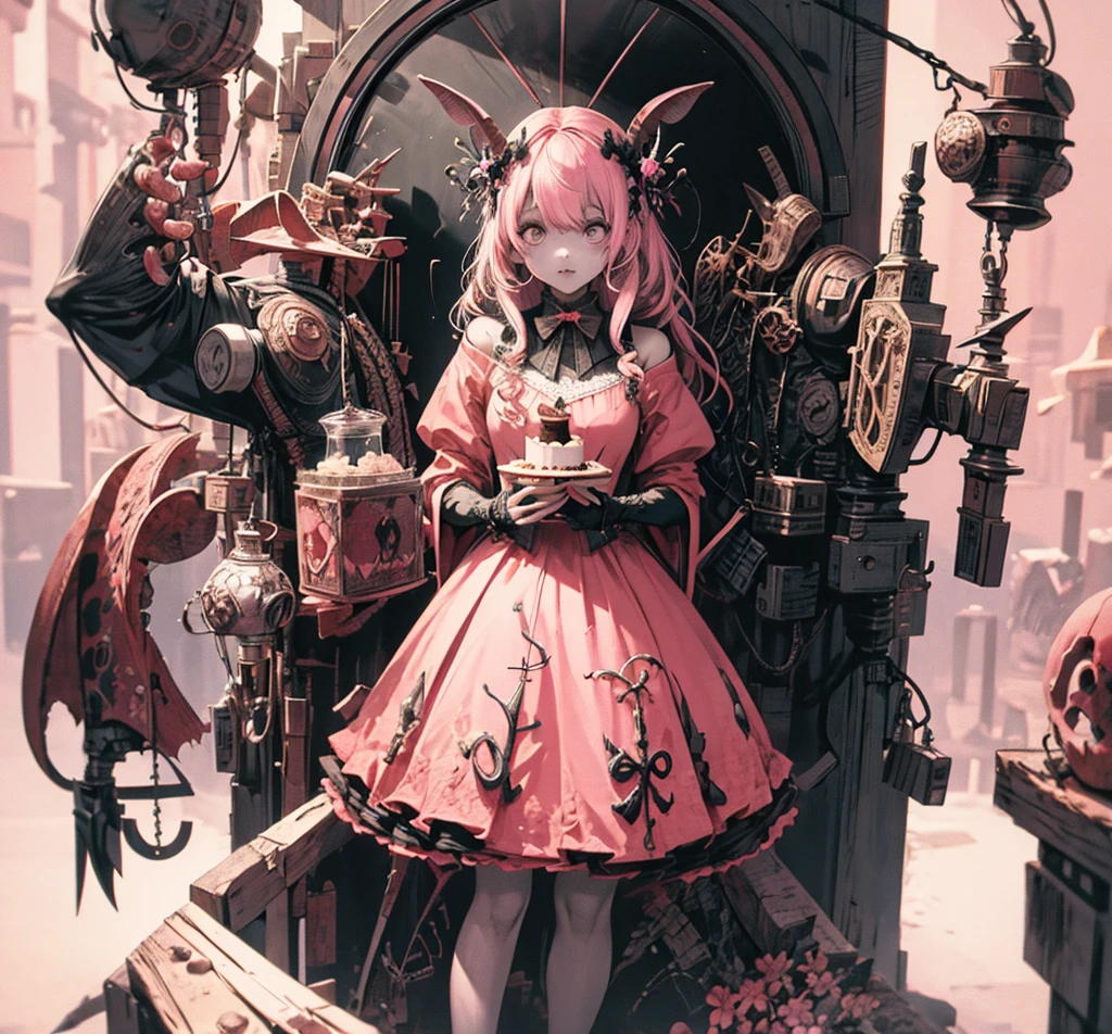 official art, unity 8k wallpaper, ultra detailed, beautiful and aesthetic, High quality, beautiful, masterpiece, best quality, (zentangle, mandala, tangle, entangle:0.6), flat color, limited palette, low contrast, a cute girl serving cake to demons, pink, black, bright pastel colors, kawaii, (horror), eerie, rabbit skull, goat skull, in hell, creepy, demons, claws, best lighting