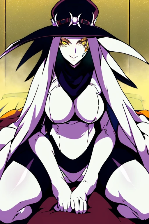 Scathach, girl1, solo, white hat, smile, yellow eyes, white skin, white cape, shin megami tensei, white gloves, white shirt, white socks, sitting (masterpiece, best quality:1.2) bed, bedroom, widows