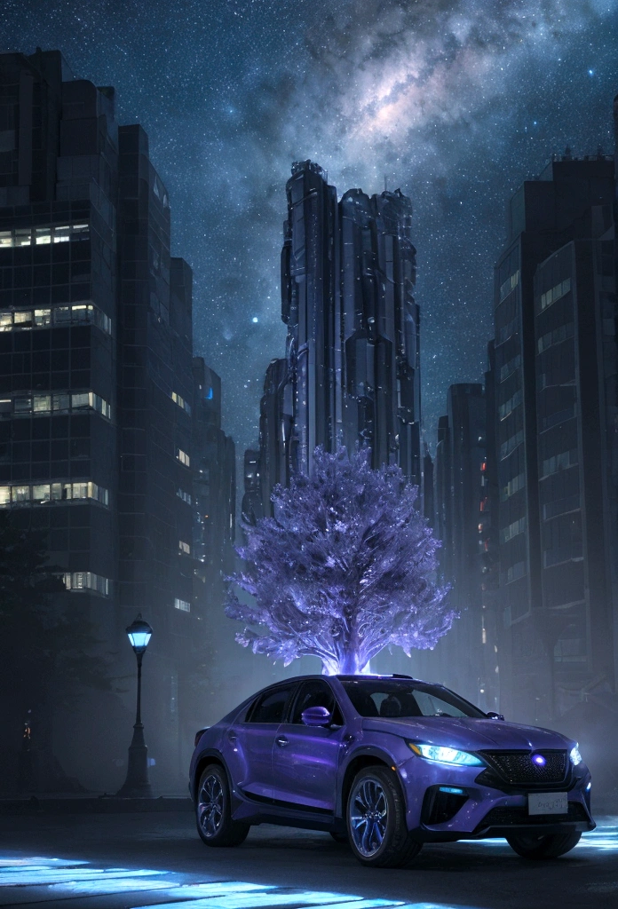 An intricate alien cityscape on a distant planet, with towering crystalline buildings glowing in shades of blue and purple under a starry sky. Strange, luminescent flora and fauna can be seen wandering the streets, and floating vehicles zip through the air. The scene is bathed in the soft, ethereal light of a distant nebula.