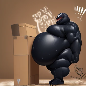 A fat, muscular, menacing looking (venom from marvel),, (pudgy, belly huge enormous:1.8), (can't stop , his body is growing heavier and fatter:1.75), (pushing side of boxes:2) (venom is sweating, exhausted:1.45), (armpits:1.5), (between inflated box:2) 8k, 1080P, masterpiece