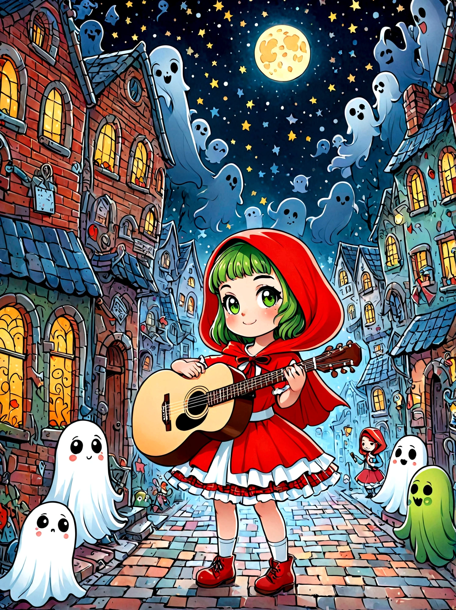 (masterpiece，Best quality:1.2，lifelike:1.4)，Cartoon Characters，Vector illustration，Cartoon hand drawn, 1girl, solo, Cute young charming little red riding hood girl，Strong zombie makeup, Playing an old guitar，the guitar player，(Ghost Crowd)，Ghost Viewer，(Concert scene:1.5)，Starry nights，Gloomy and foggy atmosphere，The cute absurdity，The attraction and rejection of extraordinary appearance，Magical naive art，Bright blue and green, 1kexx1