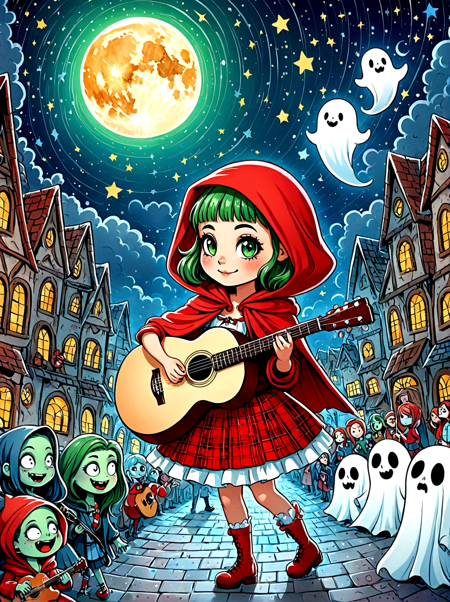 (masterpiece,Best quality:1.2,lifelike:1.4),Cartoon Characters,Vector illustration,Cartoon hand drawn, 1girl, solo, Cute young charming little red riding hood girl,Strong zombie makeup, Playing an old guitar,the guitar player,(Ghost Crowd),Ghost Viewer,(Concert scene:1.5),Starry nights,Gloomy and foggy atmosphere,The cute absurdity,The attraction and rejection of extraordinary appearance,Magical naive art,Bright blue and green, 1kexx1