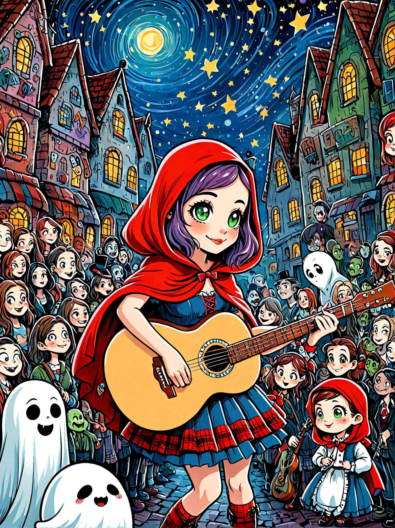 (masterpiece,Best quality:1.2,lifelike:1.4),Cartoon Characters,Vector illustration,Cartoon hand drawn, 1girl, solo, Cute young charming little red riding hood girl,Strong zombie makeup, Playing an old guitar,the guitar player,(Ghost Crowd),Ghost Viewer,(Concert scene:1.5),Starry nights,Gloomy and foggy atmosphere,The cute absurdity,The attraction and rejection of extraordinary appearance,Magical naive art,Bright blue and green, 1kexx1