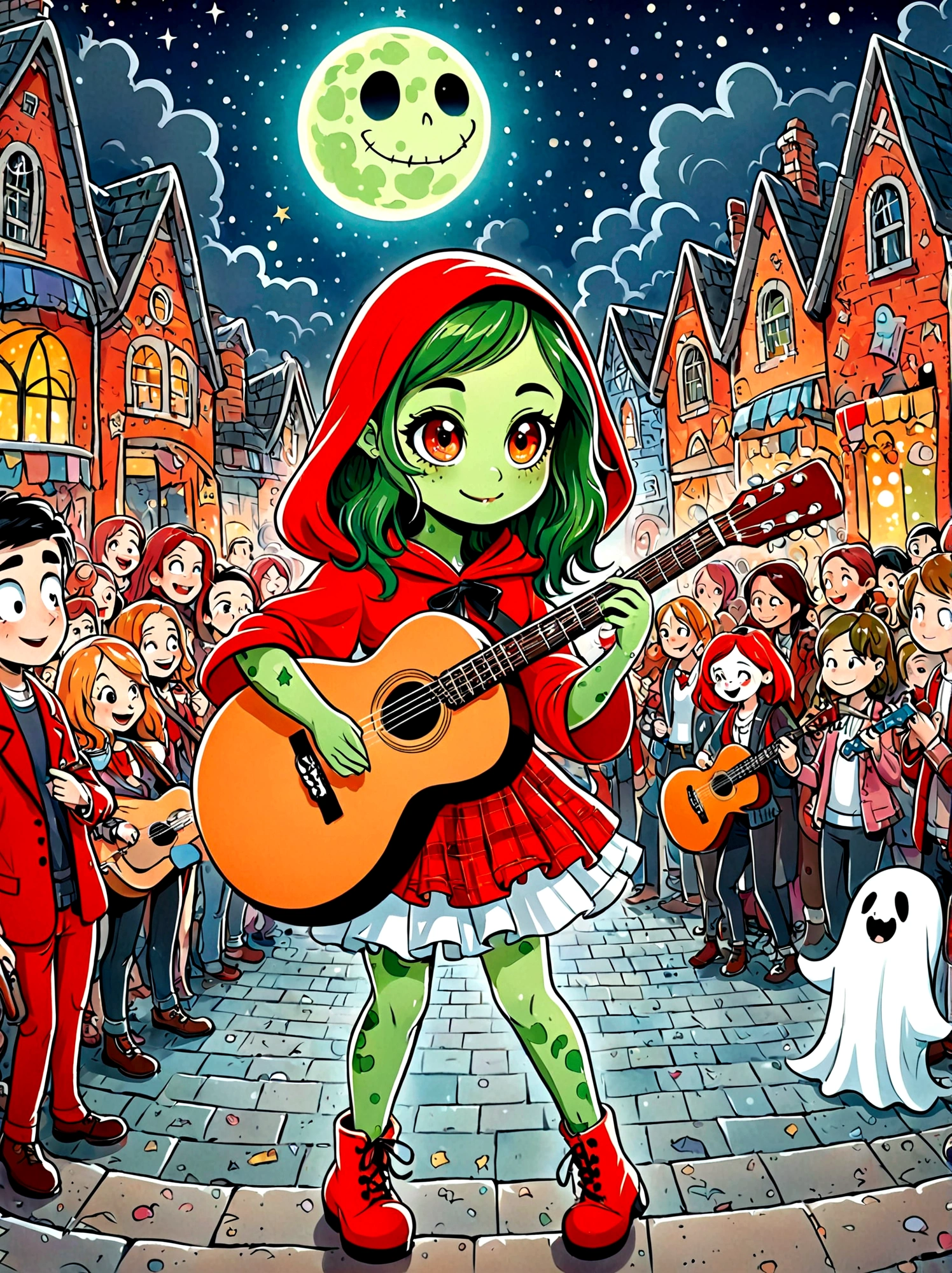 (masterpiece,Best quality:1.2,lifelike:1.4),Cartoon Characters,Vector illustration,Cartoon hand drawn, 1girl, solo, Cute young charming little red riding hood girl,Strong zombie makeup, Playing an old guitar,the guitar player,(Ghost Crowd),Ghost Viewer,(Concert scene:1.5),Starry nights,Gloomy and foggy atmosphere,The cute absurdity,The attraction and rejection of extraordinary appearance,Magical naive art,Bright blue and green, 1kexx1