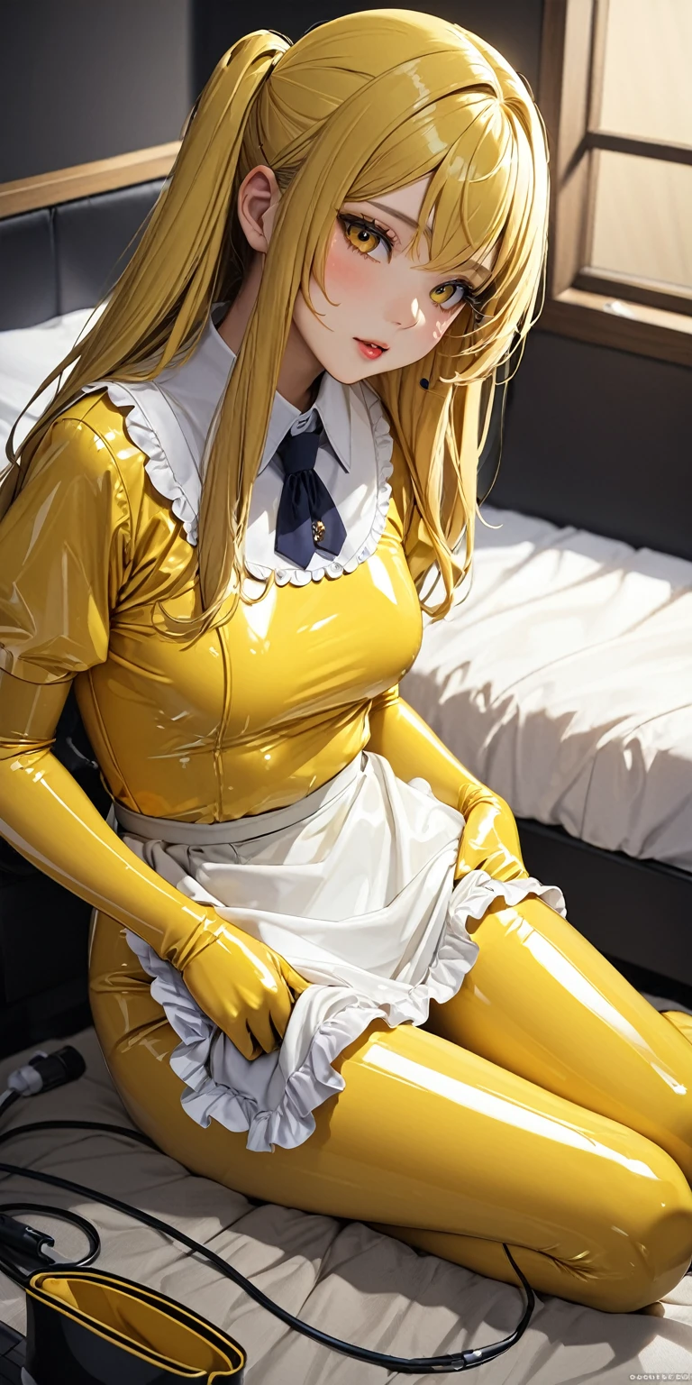 (masterpiece,highest quality,超A high resolution),Japanese women, (((Very beautiful 25 year old girl))),(Yellow latex maid outfit)、Yellow latex long skirt、(Yellow latex long sleeve shirt)、Yellow latex long gloves、The clothes fit snugly to the body、Latex is very shiny.、Dark Room