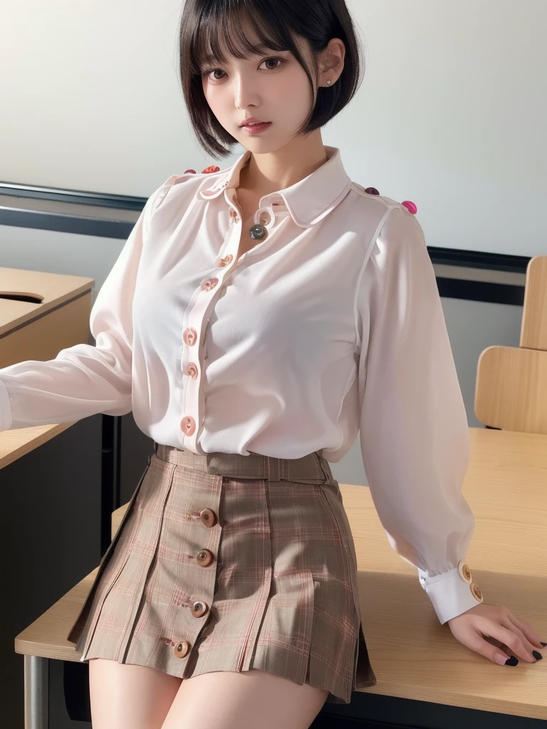 (8k, Photorealistic, Raw photo, Highest quality: 1.4),Japanese idol-style beautiful girl,1 person,17 years old,Hairstyle(Short Bob,Black :1.4),She has her hair tucked behind her ears,Large, clear grey eyes,Long eyelashes,Plump Cheeks,Thin and delicate shoulders,(bra(Pink)Wearing),thin abdomen,(She is wearing a plain white short-sleeved blouse),(All the buttons on her blouse are undone :1.9),(The bottom of the blouse is outside the skirt :1.8),(Pleated skirt(Plaid)Wearing),Blackの靴下を履いている,School classroom,(With legs wide open on the desk :1.6),(Angle from below),Full body portrait
