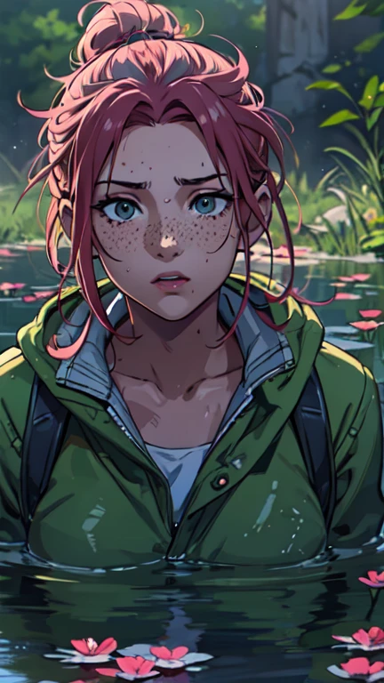 Ultra sharp, ultra-detailed, 4K, teenage woman drowned in the middle of the bog. jeans and (short down jacket:1.0), Hair is tucked into a messy loose bun, freckles,