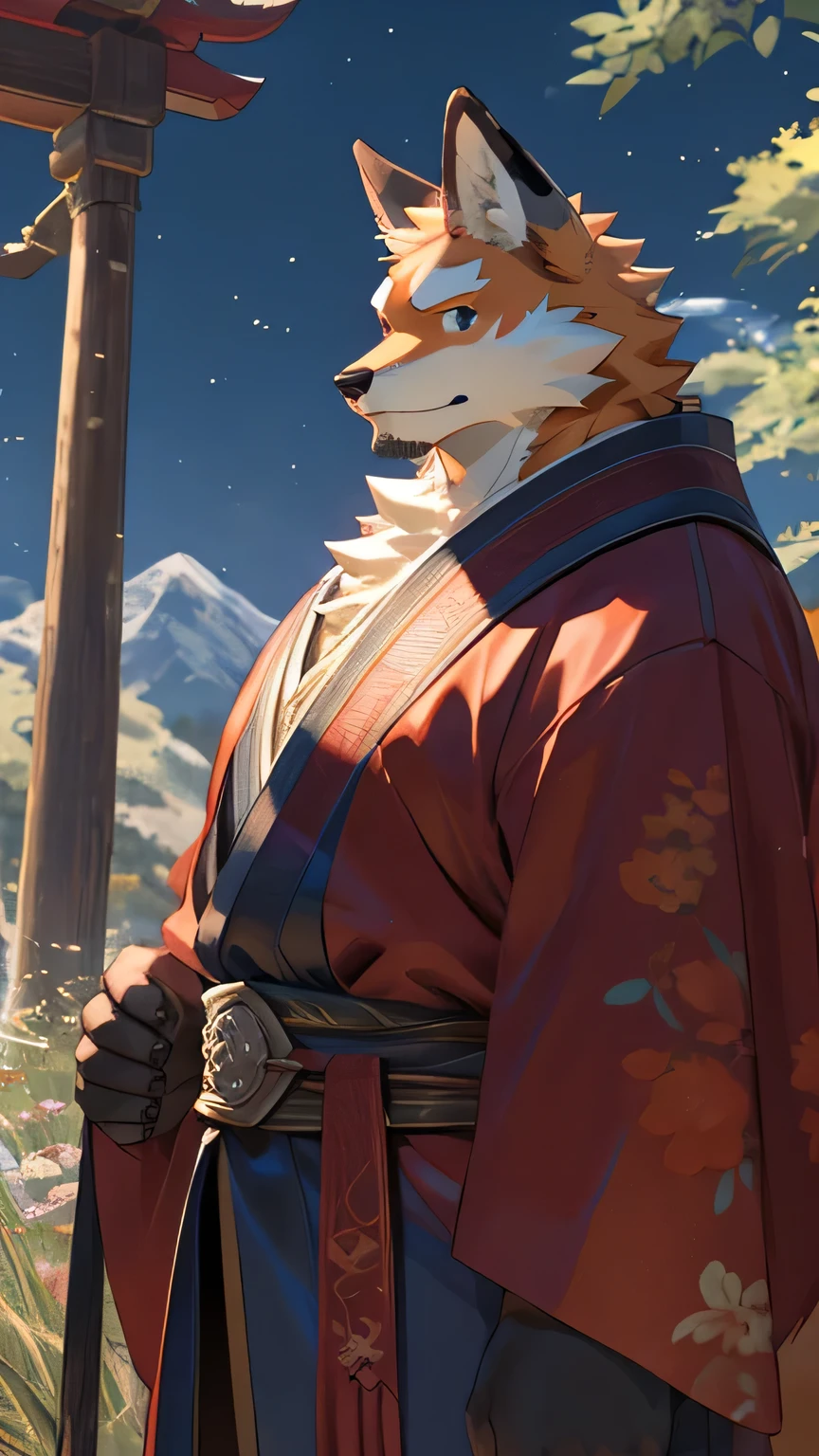 solitary, masterpiece, best quality, Very detailed, fine details, 8k resolution, hairy,fox,male,White fur,full white,charming,cute,fat,肥fat,Round Face,round belly,fox ears,Samurai dress,Thick eyebrows,20 years old,Holding a long sword,grassland,masterpiece scenario,Highest quality scenes,Detailed facial depiction,Blue pupils,Genshin Impact,Anime screenshots,