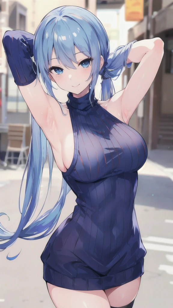 masterpiece,best quality,highres,ultra-detailed,bbnejire,blue eyes,blue hair,long hair,large breasts,(sweater:1.2),(turtleneck:1.2),street,smile,standing,cowboy shot,sleeveless,arm_behind_head,armpits,