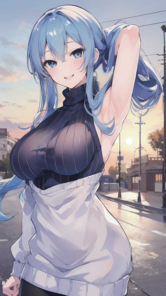 masterpiece,best quality,highres,ultra-detailed,bbnejire,blue eyes,blue hair,long hair,large breasts,(sweater:1.2),(turtleneck:1.2),street,smile,standing,cowboy shot,sleeveless,arm_behind_head,armpits,