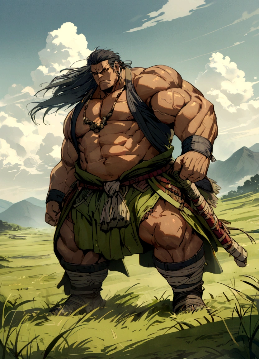 Sengoku period　samurai　male　middle aged　Muscular　Giant　grassland