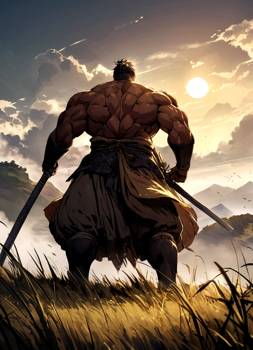 Sengoku period samurai male middle aged Muscular Giant grassland