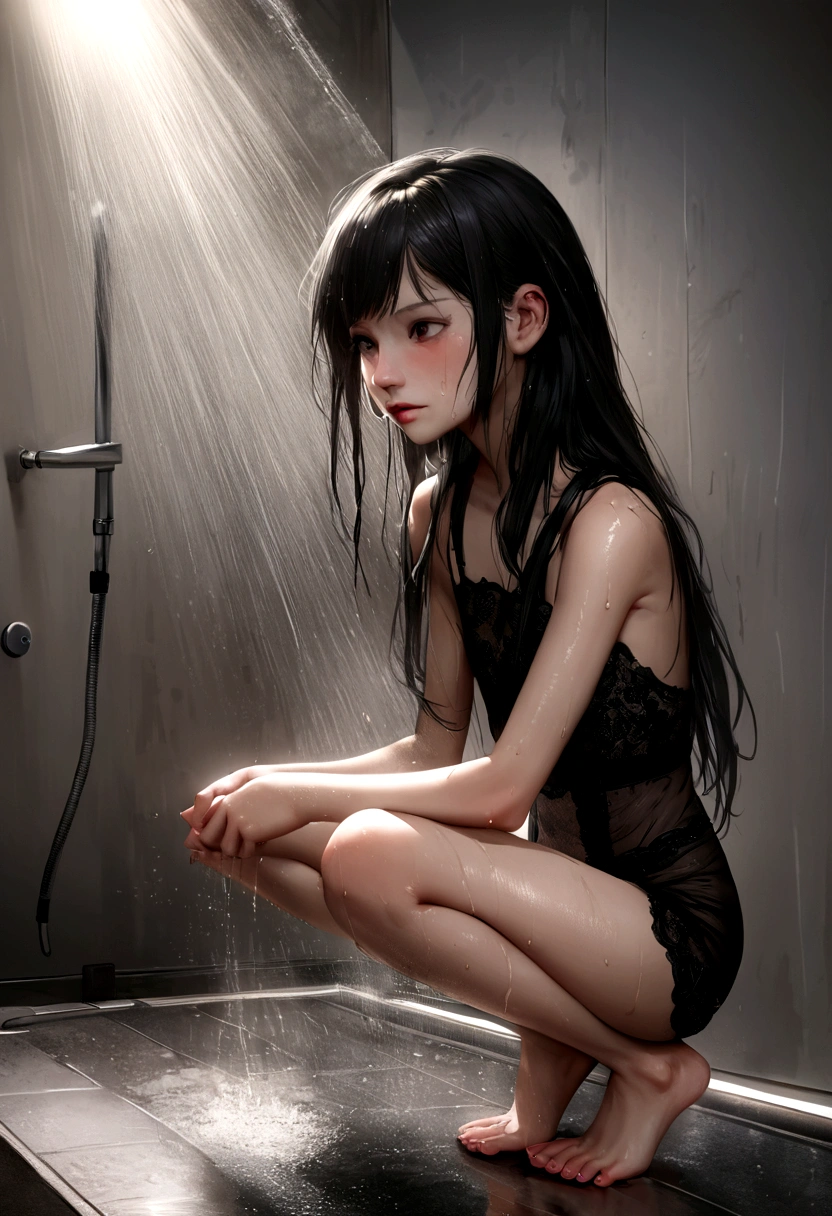 realistic 13-years-old girl photos with long hair (goth), Cute face, squatting, Slender body, skinny open legs, Thin ankles, thin-waist, lingerie, shower