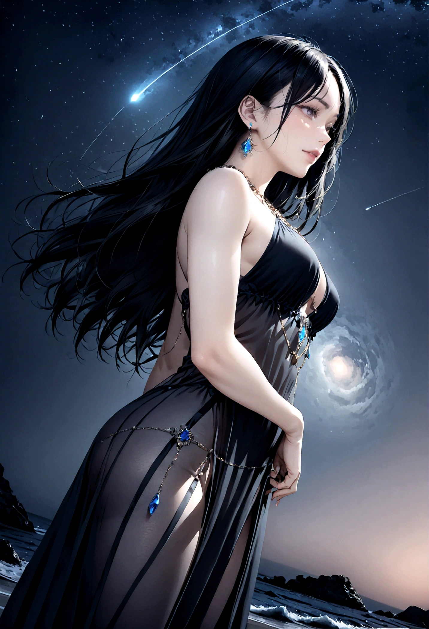 8k, masterpiece, RAW Photos, highest quality, Realistic, Very detailed, Depth of written boundary, Cinematic Light, Anatomically correct body,
An elegant beautiful mature woman, Very beautiful face, Exquisitely detailed face, (A calm and gentle face:1.4), Very delicate skin texture, Transparent muscle, Shiny white skin, Glamorous Body,
(Wavy black long hair:1.2), Sexy Breasts, Sexy ass,
(See-through slit long dress:1.4), (Detailed cloth texture:1.2), (Body chain accessory with detailed jewel studded embellishments:1.3), (Gorgeous necklace:1.1), (Gorgeous earrings:1.1),
(Dark starry background:1.4), (Milky Way:1.1), (milky way:1.1), (shooting star:1.1), (Dark coastline at night:1.4), (Pitch black sea surface:1.4),
(Low angle shot:1.8),