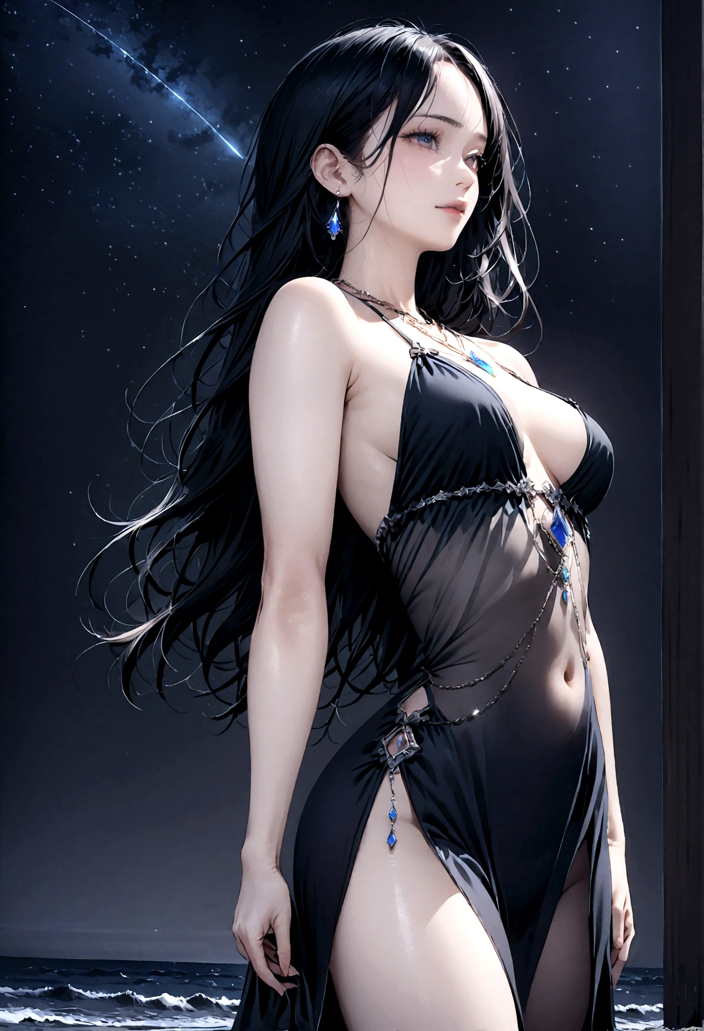 8k, masterpiece, RAW Photos, highest quality, Realistic, Very detailed, Depth of written boundary, Cinematic Light, Anatomically correct body,
An elegant beautiful mature woman, Very beautiful face, Exquisitely detailed face, (A calm and gentle face:1.4), Very delicate skin texture, Transparent muscle, Shiny white skin, Glamorous Body,
(Wavy black long hair:1.2), Sexy Breasts, Sexy ass,
(See-through slit long dress:1.4), (Detailed cloth texture:1.2), (Body chain accessory with detailed jewel studded embellishments:1.3), (Gorgeous necklace:1.1), (Gorgeous earrings:1.1),
(Dark starry background:1.4), (Milky Way:1.1), (milky way:1.1), (shooting star:1.1), (Dark coastline at night:1.4), (Pitch black sea surface:1.4),
(Low angle shot:1.8),