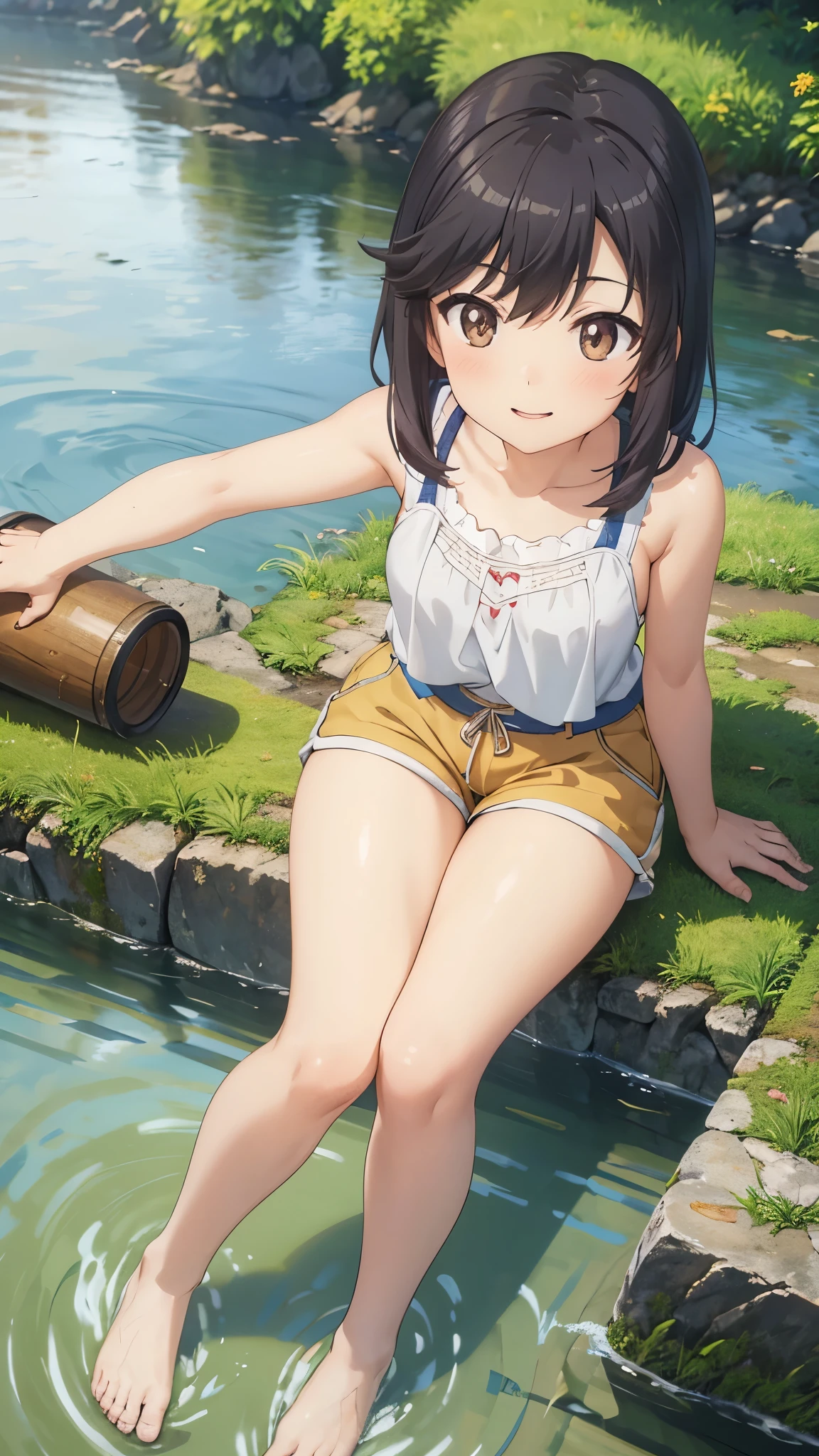 Girl playing in the river, 1girl, Ichijou Hotaru, smile, 11-year-old, barefoot, thighs, sleeveless, shorts, realistic skin texture, dynamic angle, CG, unity, 8k, wallpaper, highest quality, masterpiece, best lighting, detailed background, complex pupils, complex textile, Japanese countryside