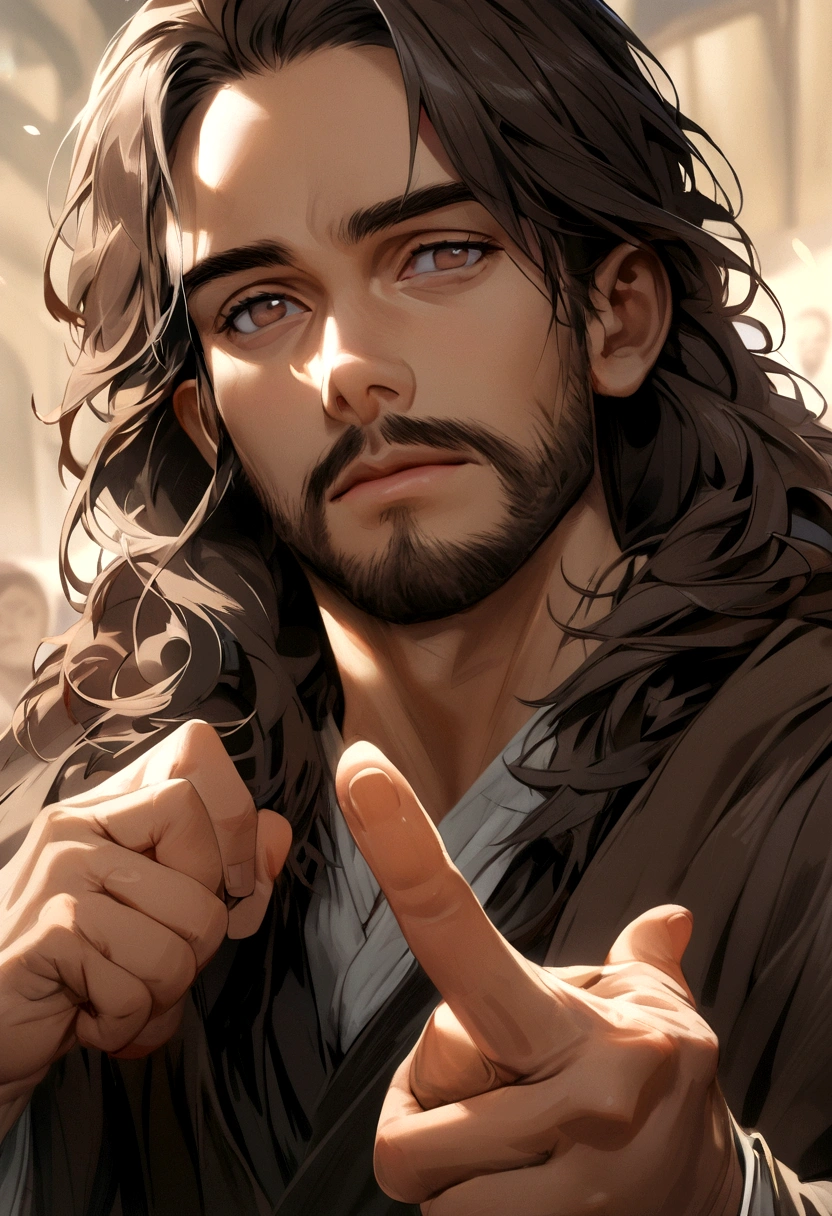 Jesus looks calm,Brown eyes,Dark brown beard.Realist,Right index finger points to the audience,8K