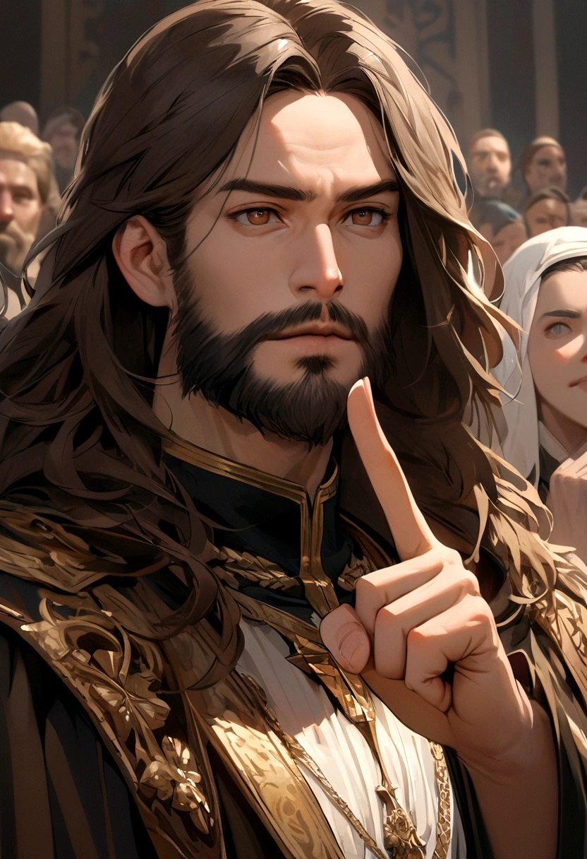 Jesus looks calm,Brown eyes,Dark brown beard.Realist,Right index finger points to the audience,8K