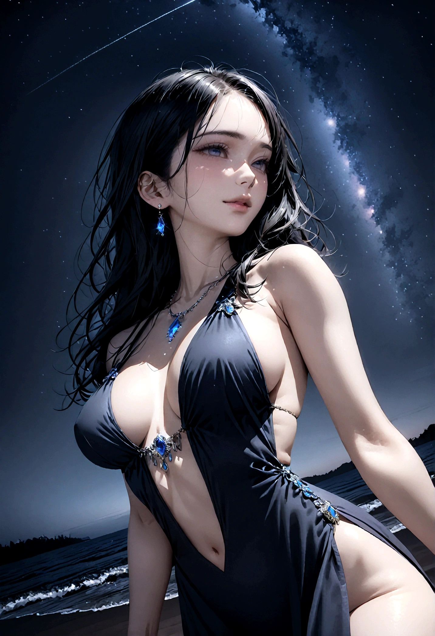 8k, masterpiece, RAW Photos, highest quality, Realistic, Very detailed, Depth of written boundary, Cinematic Light, Anatomically correct body,
An elegant beautiful mature woman, Very beautiful face, Exquisitely detailed face, (A calm and gentle face:1.4), Very delicate skin texture, Transparent muscle, Shiny white skin, Glamorous Body,
(Wavy black long hair:1.2), Sexy Breasts, Sexy ass,
(See-through slit long dress:1.4), (Detailed cloth texture:1.2), (Body chain accessory with detailed jewel studded embellishments:1.3), (Gorgeous necklace:1.1), (Gorgeous earrings:1.1),
(Dark starry background:1.4), (Milky Way:1.1), (milky way:1.1), (shooting star:1.1), (Dark coastline at night:1.4), (Pitch black sea surface:1.4),
(Low angle shot:1.8),