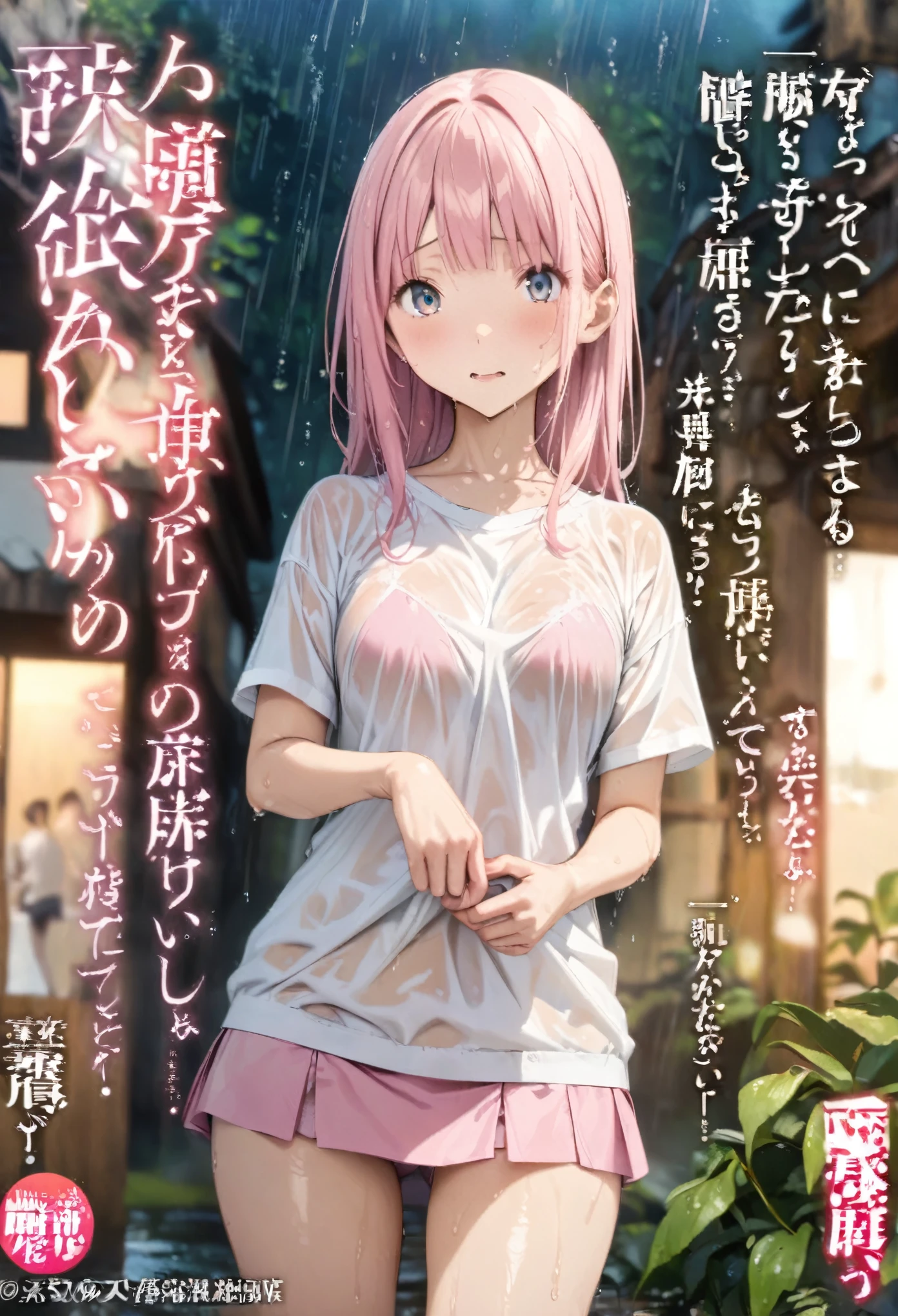Magazine cover(masterpiece, best quality:1.2),,(((The eyes are delicate)))((Wet clothes))Short skirt,Pink underwear,outdoor,rain(8K)(HD)