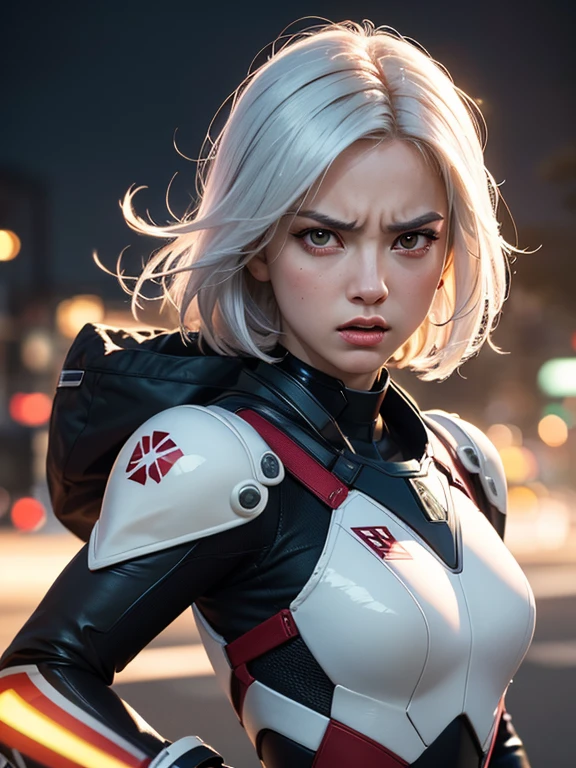 Disgusted Look, (realistic, masterpiece, Best Quality, 8K, high resolution:1.3), professional lighting, extremely fine, (illustration:0.7), extremely detailed CG, 1 girl, white hair, Fighting, red eyes, Angry face, looking at viewer, Combat Suit, detailed background,