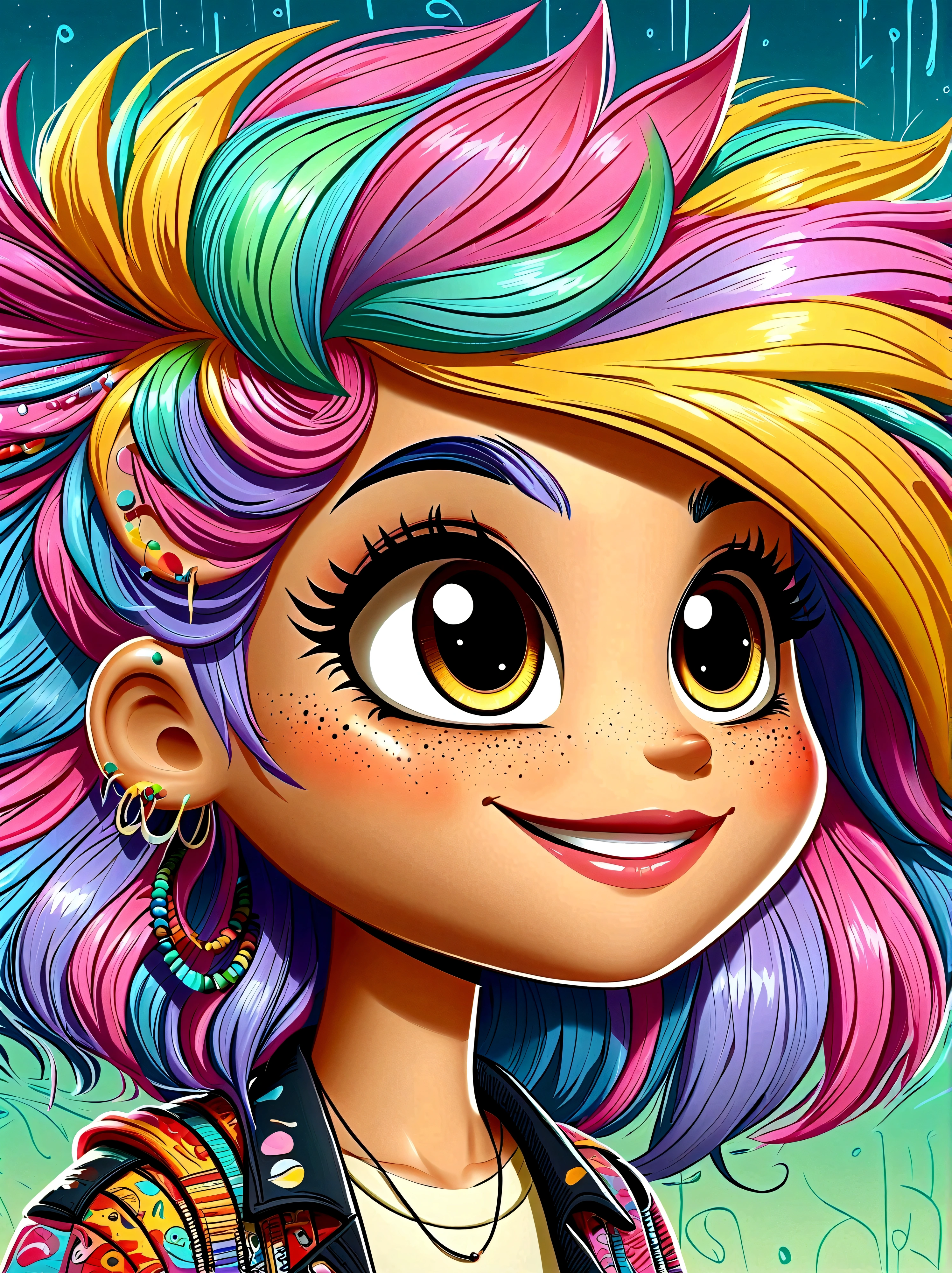 (masterpiece,Best quality:1.2),Graffiti style,Cartoon Characters,Vector illustration,1girl,solo,side,Large and expressive eyes,Friendly Smile,Gorgeous clothes,Colorful hair,Unique and wild hairstyle,站在Graffiti style的背景前,Add whimsy to the scene