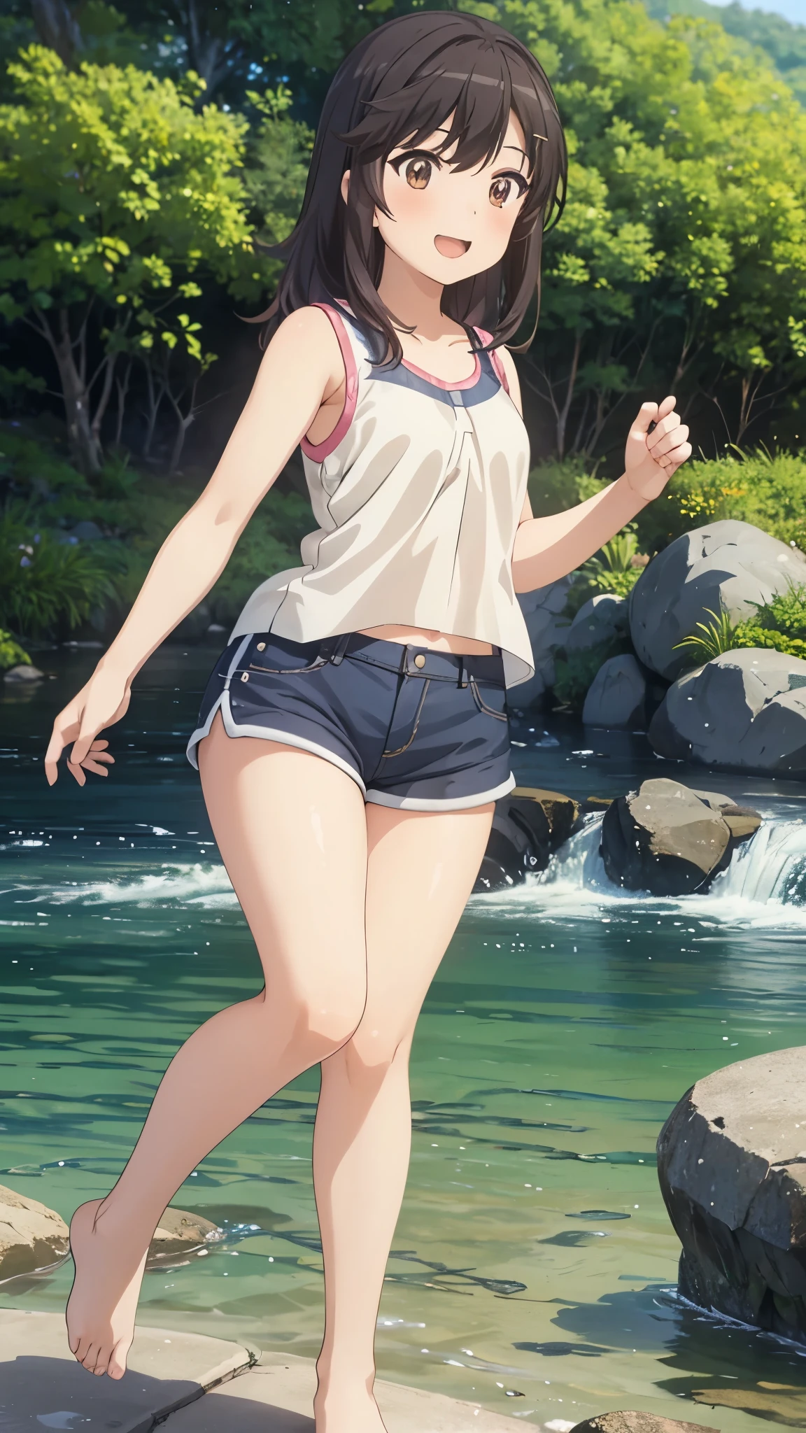 Girl playing in the river, 1girl, Ichijou Hotaru, smile, 11-year-old, barefoot, thighs, sleeveless, shorts, realistic skin texture, dynamic angle, CG, unity, 8k, wallpaper, highest quality, masterpiece, best lighting, detailed background, complex pupils, complex textile, Japanese countryside, dynamic angle