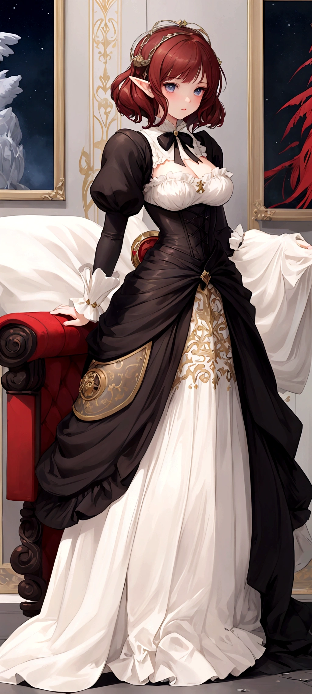 1girl, ((masterpiece,best quality)), Cute, solo, Star Dress, ((a unique renaissance era outfit with Victorian styling, no sleeves, armor)), ((Full body)), (tight waist, medium breasts, thighs)), Sexy, excited, Hentai art, big breasts, epic art, fantasy, 8k, hd wallpaper, high quality, intricate, elegant, highly detailed, clear focus, illustration, poster, postcard, ((right anatomy)), Dark red hair, Celestial being, elf, royalty, ruler, queen, galaxy, character, standing, both feet on ground, arms extended by side, Palms face forward, warrior, UwU, transparent background, high contrast, gothic, model stance, no pose