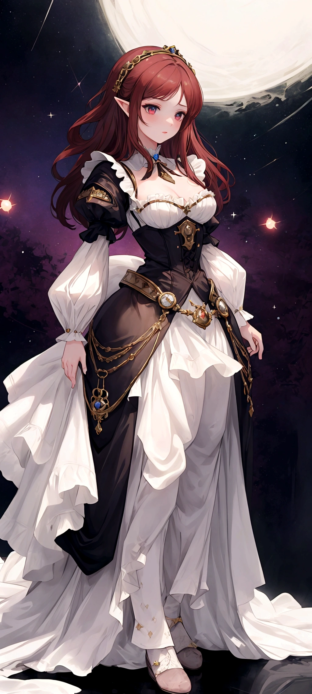 1girl, ((masterpiece,best quality)), Cute, solo, Star Dress, ((a unique renaissance era outfit with Victorian styling, no sleeves, armor)), ((Full body)), (tight waist, medium breasts, thighs)), Sexy, excited, Hentai art, big breasts, epic art, fantasy, 8k, hd wallpaper, high quality, intricate, elegant, highly detailed, clear focus, illustration, poster, postcard, ((right anatomy)), Dark red hair, Celestial being, elf, royalty, ruler, queen, galaxy, character, standing, both feet on ground, arms extended by side, Palms face forward, warrior, UwU, transparent background, high contrast, gothic, model stance, no pose