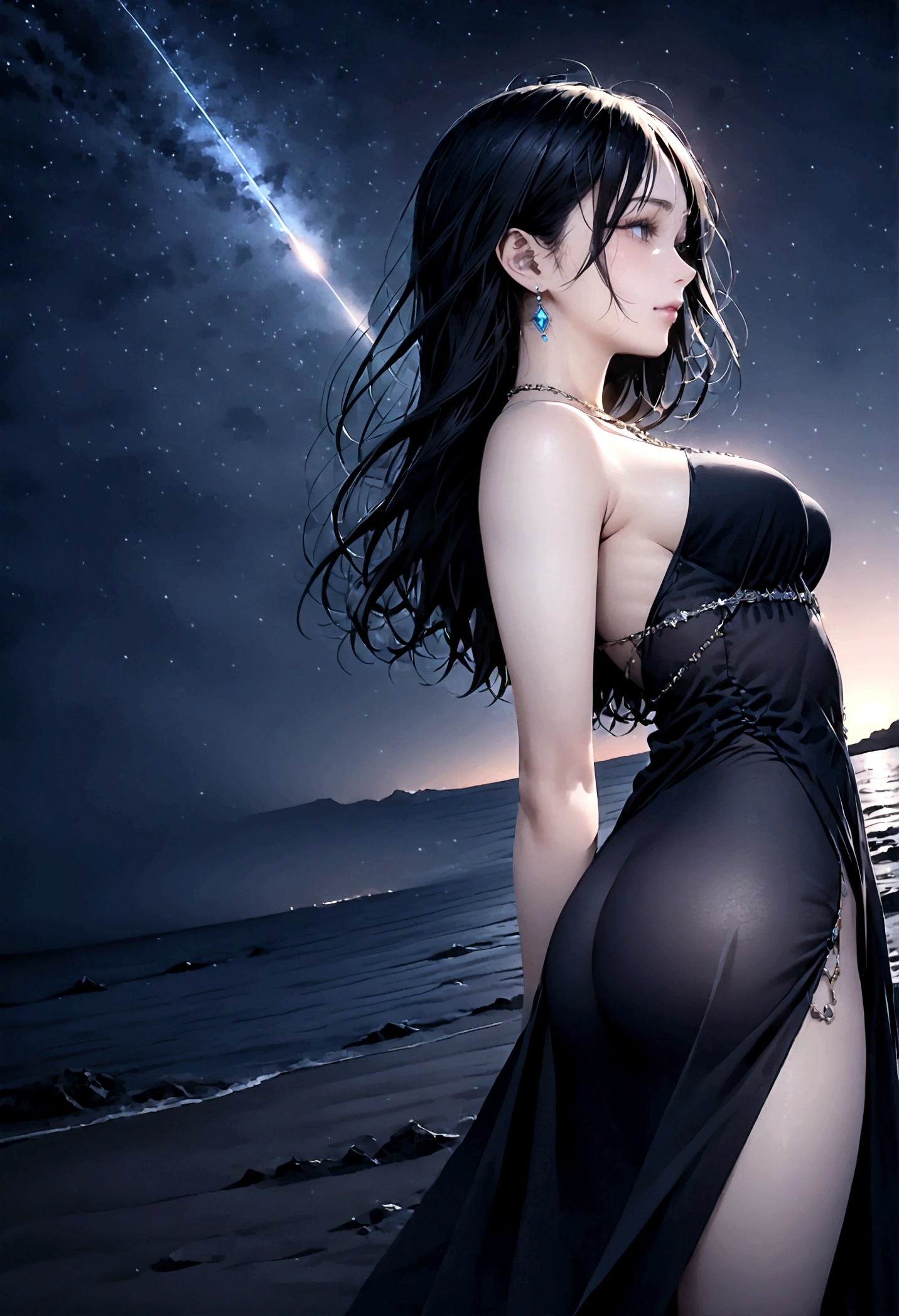 8k, masterpiece, RAW Photos, highest quality, Realistic, Very detailed, Depth of written boundary, Cinematic Light, Anatomically correct body, 
An elegant beautiful mature woman, Very beautiful face, Exquisitely detailed face, (A calm and gentle face:1.4), Very delicate skin texture, Transparent muscle, Shiny white skin, Glamorous Body, 
(Wavy black long hair:1.2), Sexy Breasts, Sexy ass, 
(See-through slit long dress:1.4), (Detailed cloth texture:1.2), (Body chain accessory with detailed jewel studded embellishments:1.3), (Gorgeous necklace:1.1), (Gorgeous earrings:1.1), 
(Dark starry background:1.4), (Milky Way:1.1), (milky way:1.1), (shooting star:1.1), (Dark coastline at night:1.4), (Pitch black sea surface:1.4), 
(Low angle shot:1.8), 