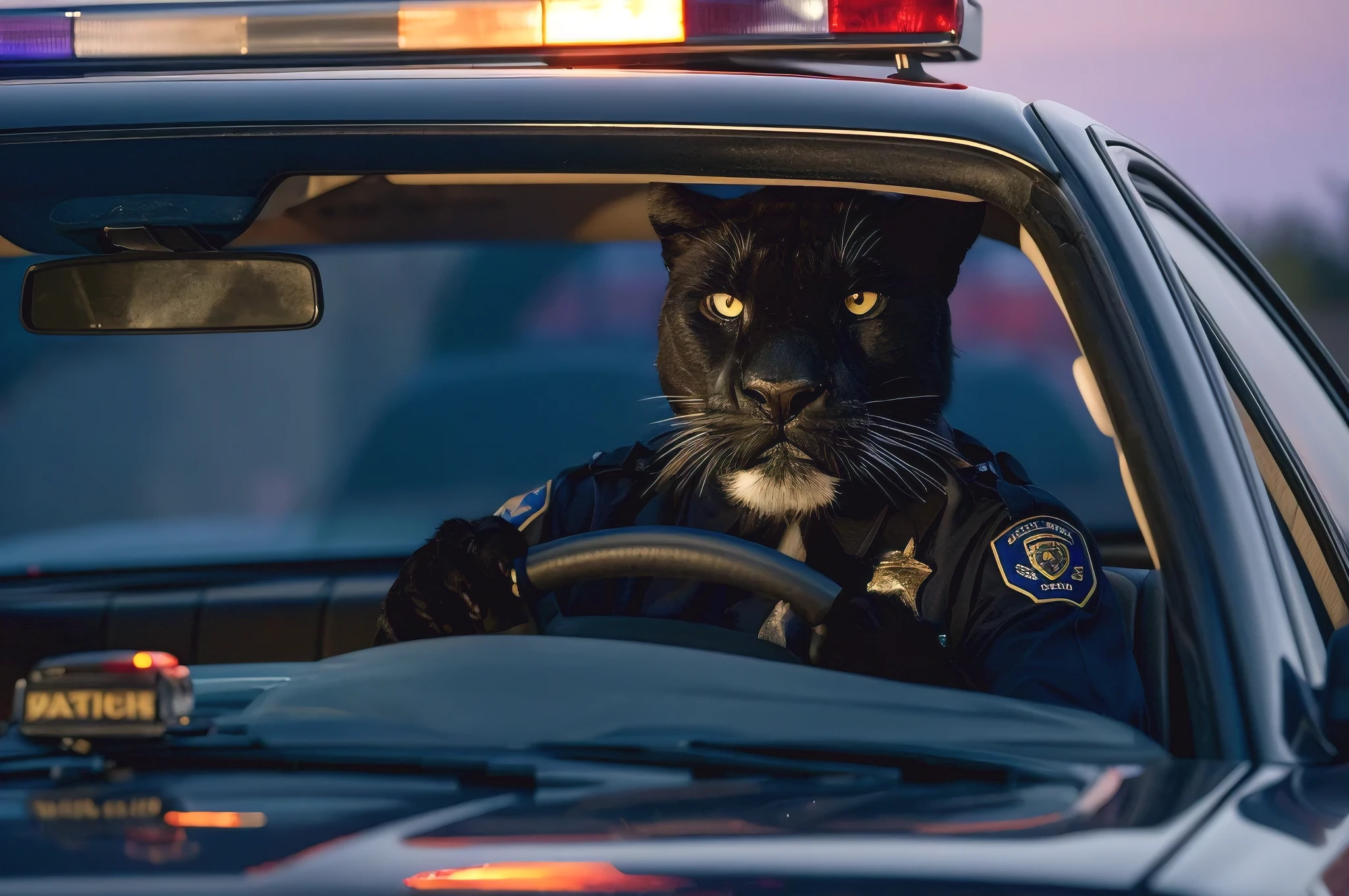 A striking close-up of a humanoid panther police officer, perched behind the wheel of a patrol car, diligently patrolling during the twilight hours. The panther's fur is a deep, rich black, contrasting with the car's interior. The officer's eyes are filled with serious determination, ready to serve and protect. The dashboard and car door are adorned with various police insignia, adding to the overall sense of authority.