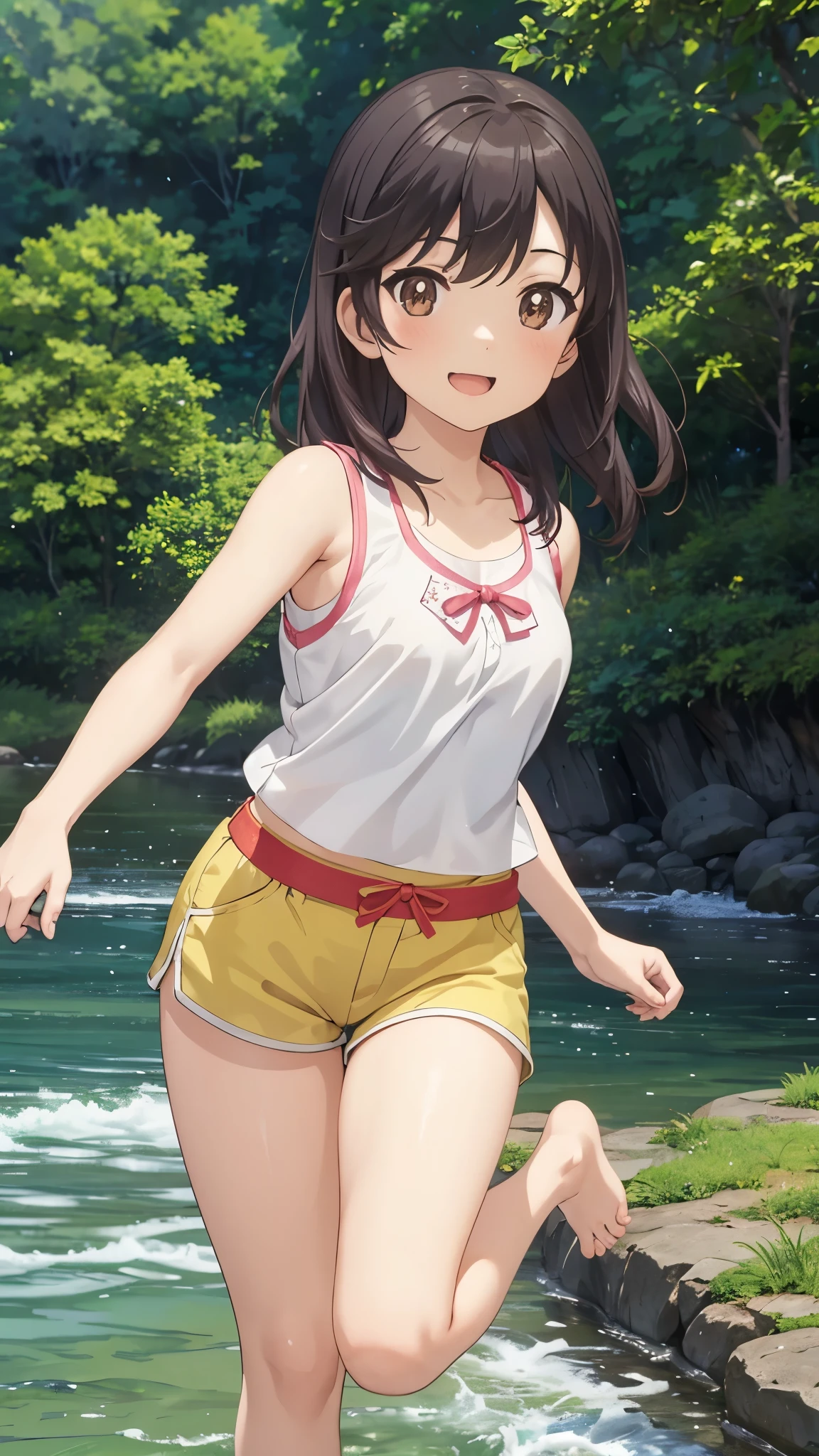 Girl playing in the river, 1girl, Ichijou Hotaru, smile, 11-year-old, barefoot, thighs, sleeveless, shorts, realistic skin texture, dynamic angle, CG, unity, 8k, wallpaper, highest quality, masterpiece, best lighting, detailed background, complex pupils, complex textile, Japanese countryside, dynamic angle