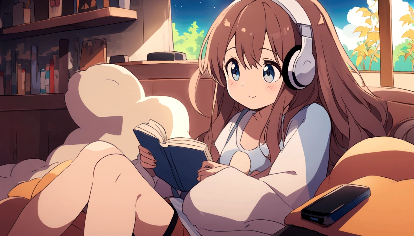 masterpiece, highest quality, Movie stills, One girl, Cloud Girl, Happy, Warm and soft lighting, Night Sky, He is reading a book seriously while listening to music on headphones in his bed、Staying up late、Long Hair Girl、Big eyes、Illustration Style