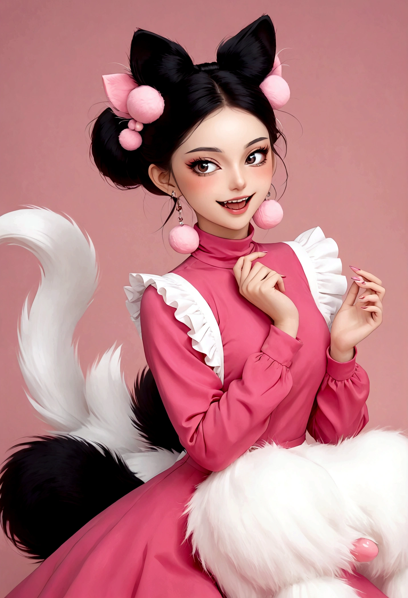 Beautiful face，Enchanting beautiful eyes，Pink Eyeshadow，laughing out loud，Fangs，(((Big fluffy tail：1.37)))，Black fluffy high bun，Forehead hair，Pink pompom earrings，Turtleneck pink maid outfit，Multi-layer lace，Reach out，Spells，