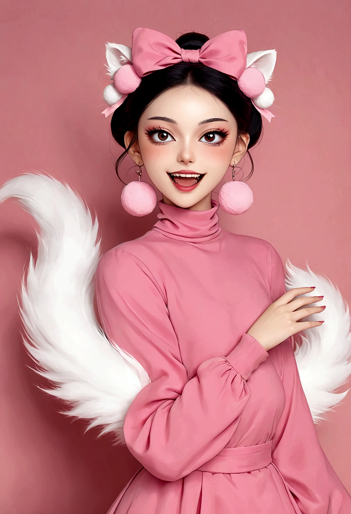 Beautiful face，Enchanting beautiful eyes，Pink Eyeshadow，laughing out loud，Fangs，(((Big fluffy tail：1.37)))，Black fluffy high bun，Forehead hair，Pink pompom earrings，Turtleneck pink maid outfit，Multi-layer lace，Reach out，Spells，