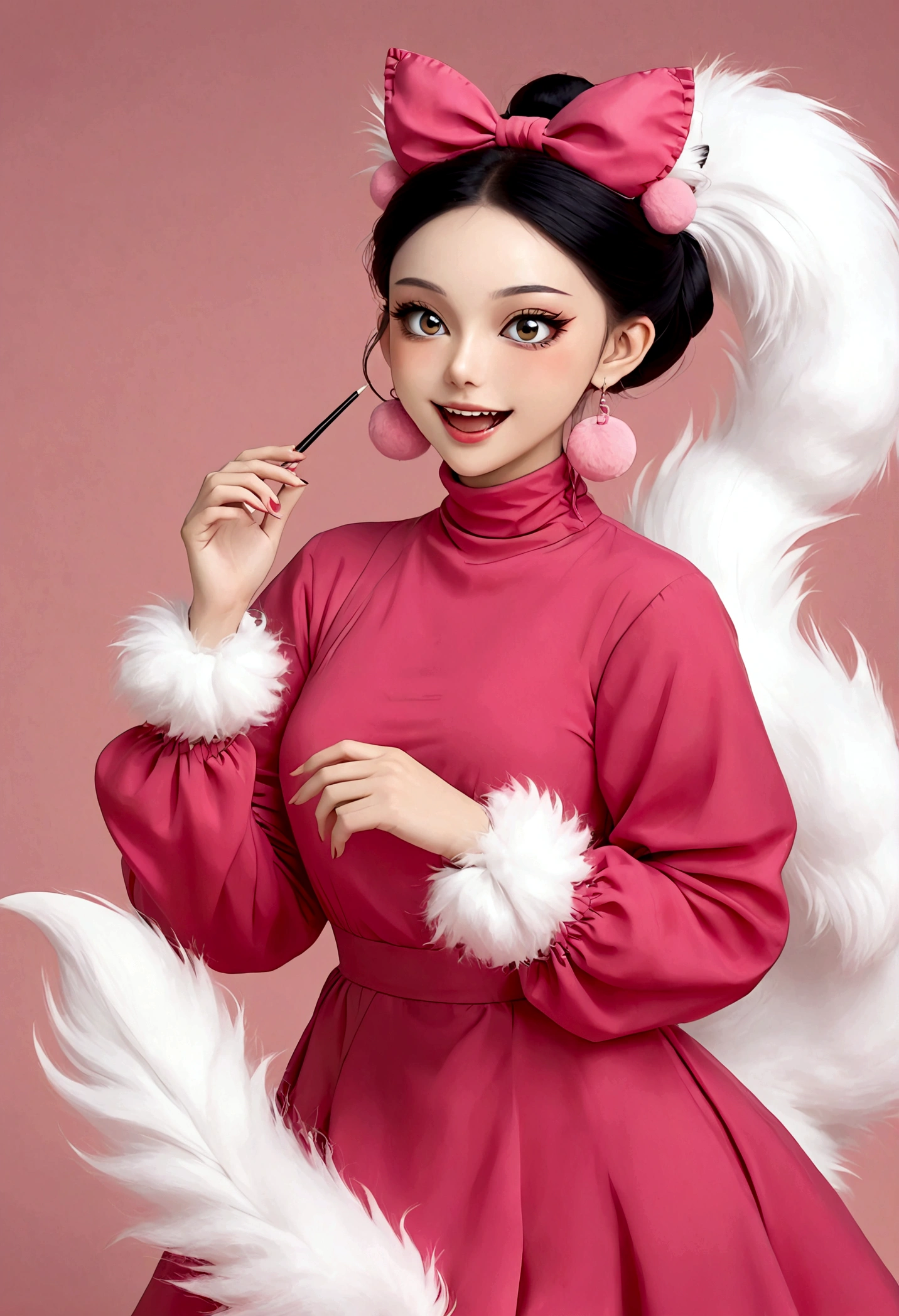 Beautiful face，Enchanting beautiful eyes，Pink Eyeshadow，laughing out loud，Fangs，(((Big fluffy tail：1.37)))，Black fluffy high bun，Forehead hair，Pink pompom earrings，Turtleneck pink maid outfit，Multi-layer lace，Reach out，Spells，