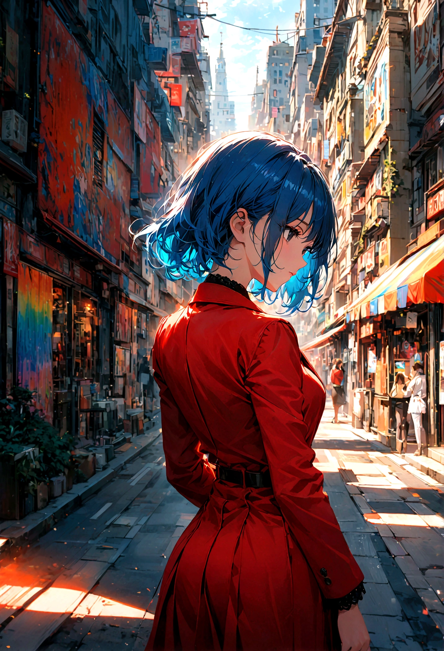 A woman with long blue hair and black eyes in a red suit stood alone with her back turned half her face in the middle of the city during the daytime.
