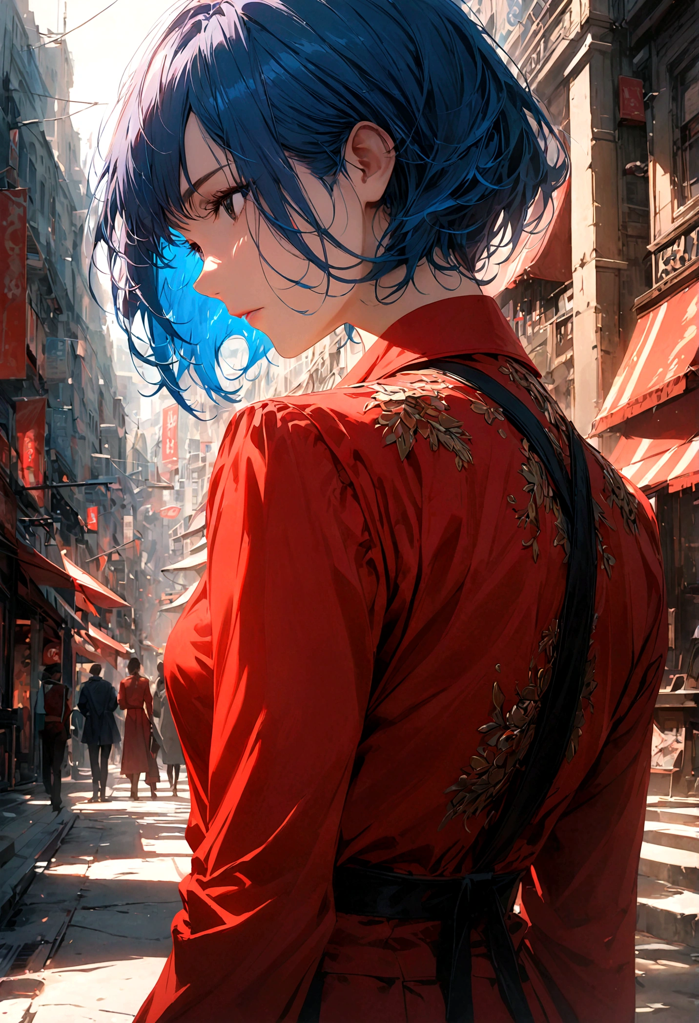 A woman with long blue hair and black eyes in a red suit stood alone with her back turned half her face in the middle of the city during the daytime.