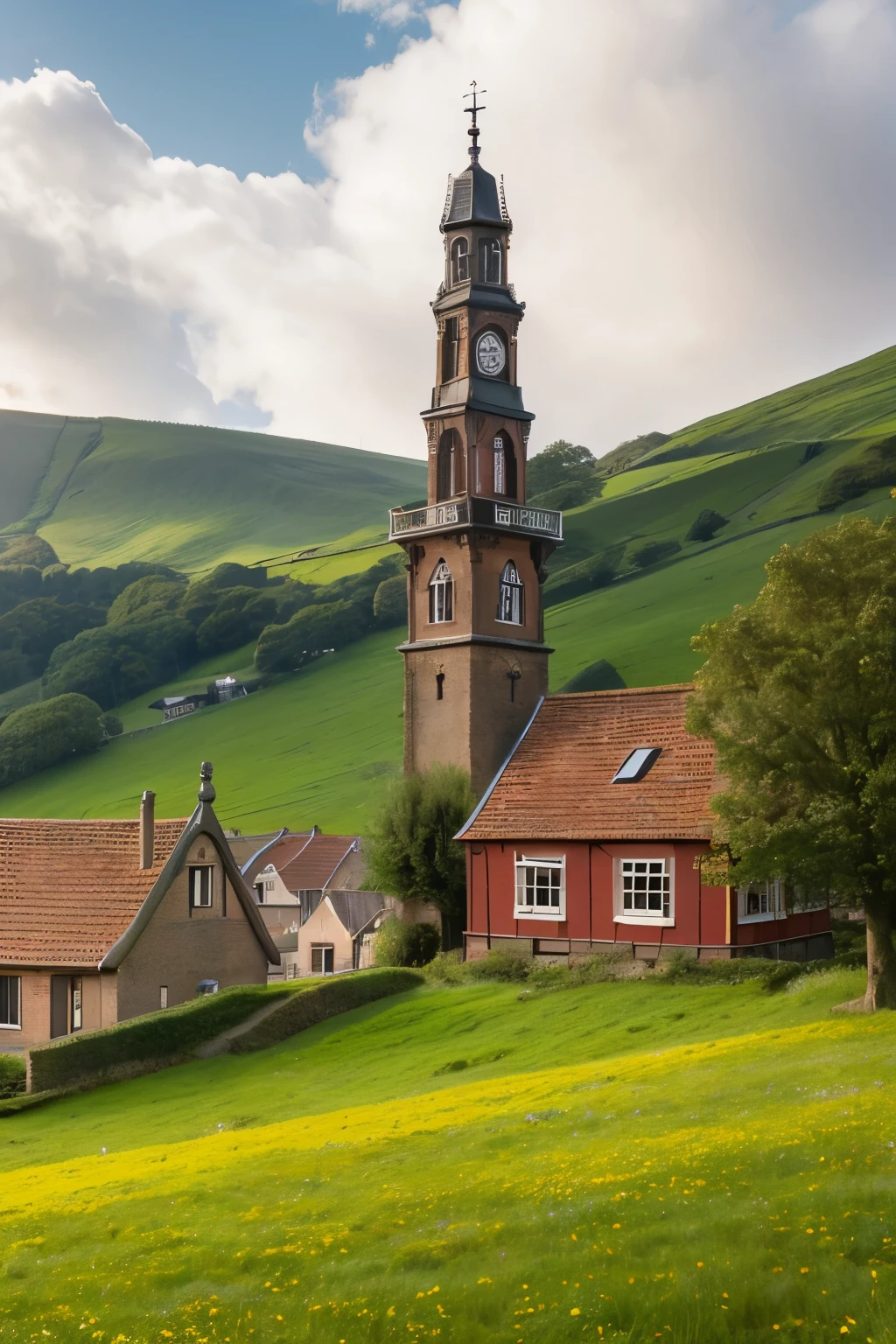 A clock tower bell with a red Dutch roof in the depths of a vast green hill A lot of sheep A hillside house with yellow windows