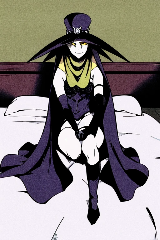 Scathach, girl1, solo, hat, smile, yellow eyes, white skin, cape, shin megami tensei, gloves, shirt, socks, sitting (masterpiece, best quality:1.2) bed, bedroom, widows