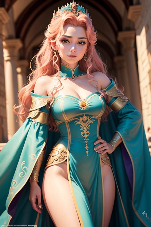 masterpiece,Highest quality,Very detailed,Elf Beautiful Girl,Long blonde hair,Very beautiful and detailed eyes,Thin legs,Long skirt, underweight,Small breasts,Beautiful peppermint green dress,Large ruby necklace,gem,Luxurious cape,A luxurious palace