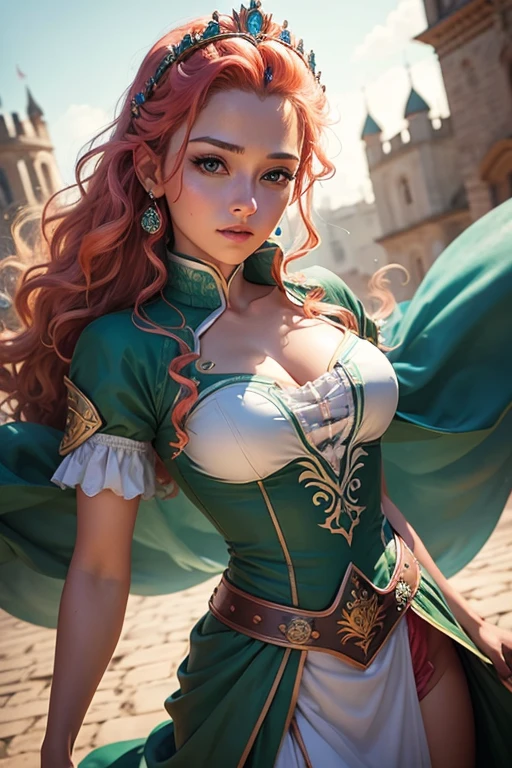 (FionaWaifu:1), 1girl, cute, cute pose, (long hair, tiara, red hair, braid, blue eyes, freckles, makeup), (green dress:1), curvy, looking at viewer, smile, :D, breast focus, leaning forward,
(detailed ladscape, castle, kingdom, big window, sky, flowers:1.2), (background:1), (dynamic_angle:1.2), (dynamic_pose:1.2), (rule of third_composition:1.3), (dynamic_perspective:1.2), (dynamic_Line_of_action:1.2), solo, wide shot,
(masterpiece:1.2), (best quality, highest quality), (ultra detailed), (8k, 4k, intricate), (full-body-shot:1), (Cowboy-shot:1.2), (50mm), (highly detailed:1.2),(detailed face:1.2), detailed_eyes,(gradients),(ambient light:1.3),(cinematic composition:1.3),(HDR:1),Accent Lighting,extremely detailed,original, highres,(perfect_anatomy:1.2), full body view, no underwear, Big breasts