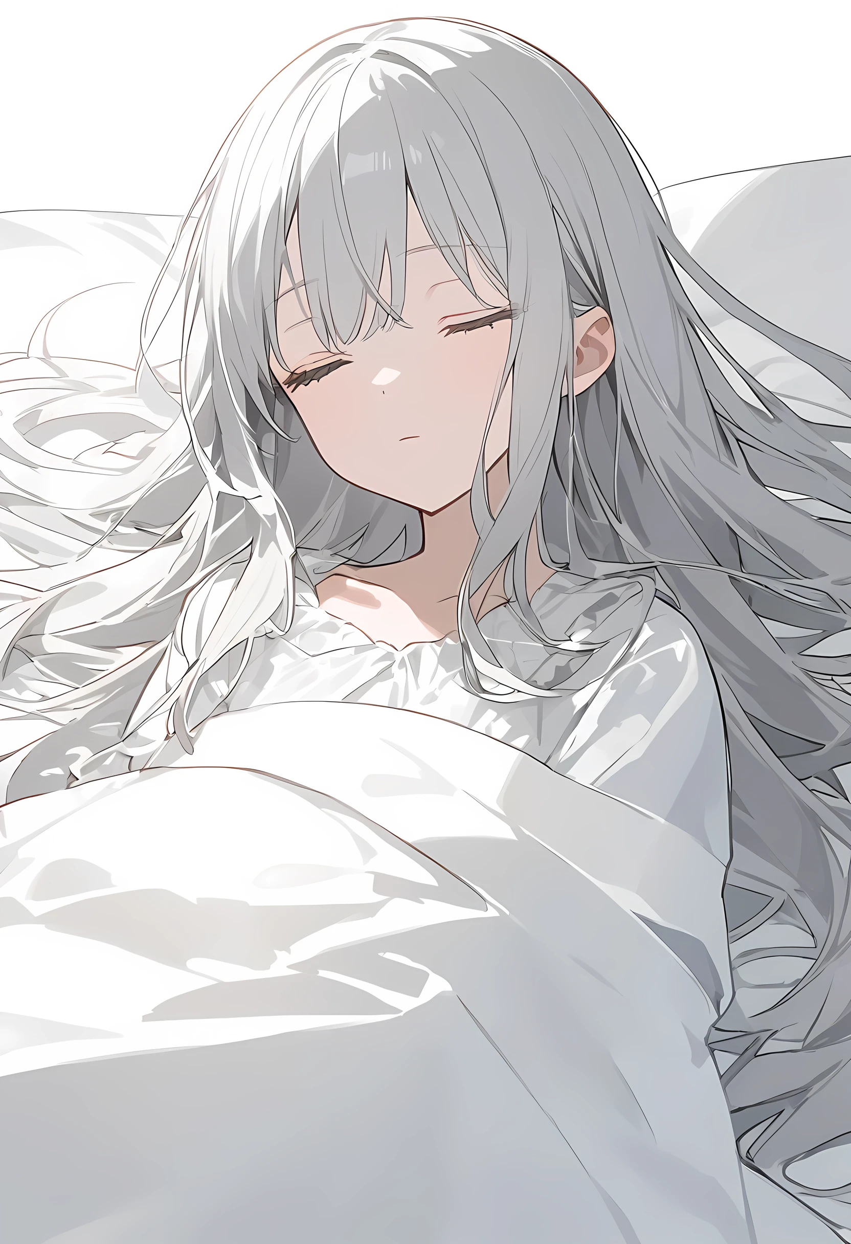 blank paper、Girl、Gray Hair、Long Hair、White eye color、All eyes are white、全体的にWhite Girl、White Girl、White background、White Girl、White Room、blank paperのGirl、Emotionless、Expressionless、Sleeping、Eyes closed、Eyes closed